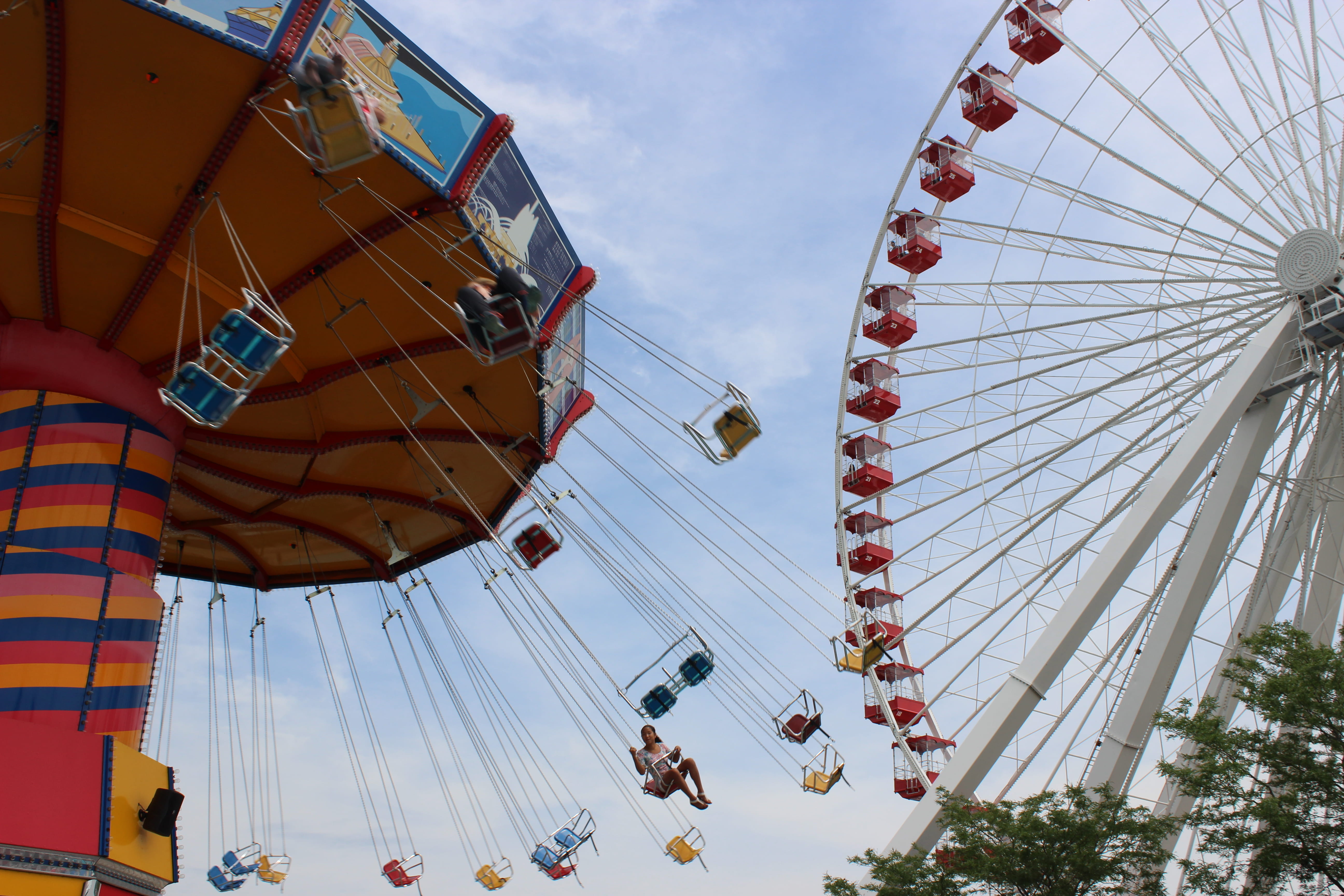 swings, amusement park ride, summer, sky, arts culture and entertainment, fairground, real people, people, navy pier, places, festival, nature, architecture, HD Wallpaper