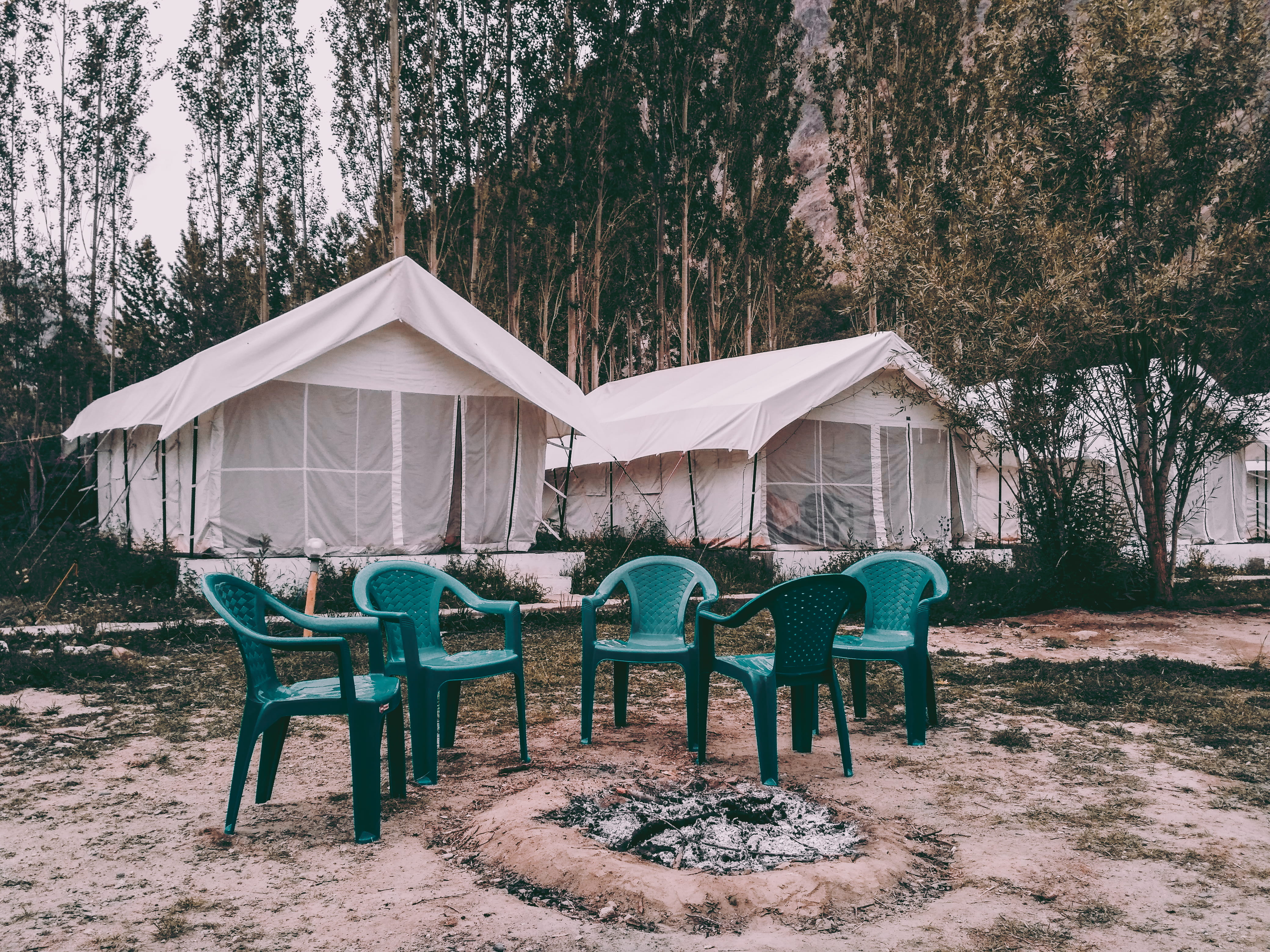 plastic, trees, land, green, tourist destination, camping, built structure, chairs, nature, chair, 4K, wood - material, five, environment, tourist spot, HD Wallpaper