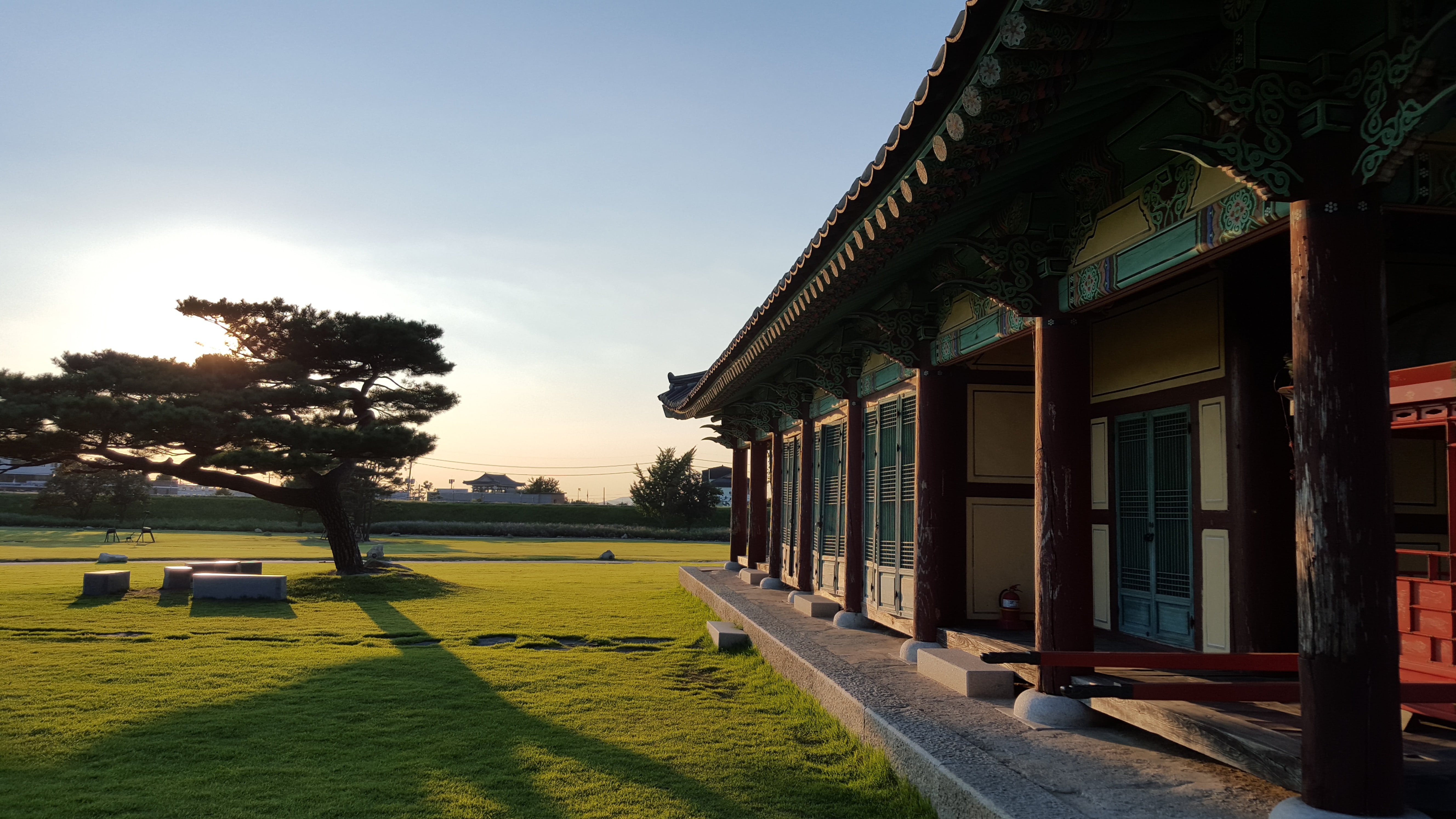 5K, tree, architecture, tranquility, cultural property, built structure, evening sky, clear sky, plant, building exterior, brown, haemieupseong, day, white, HD Wallpaper