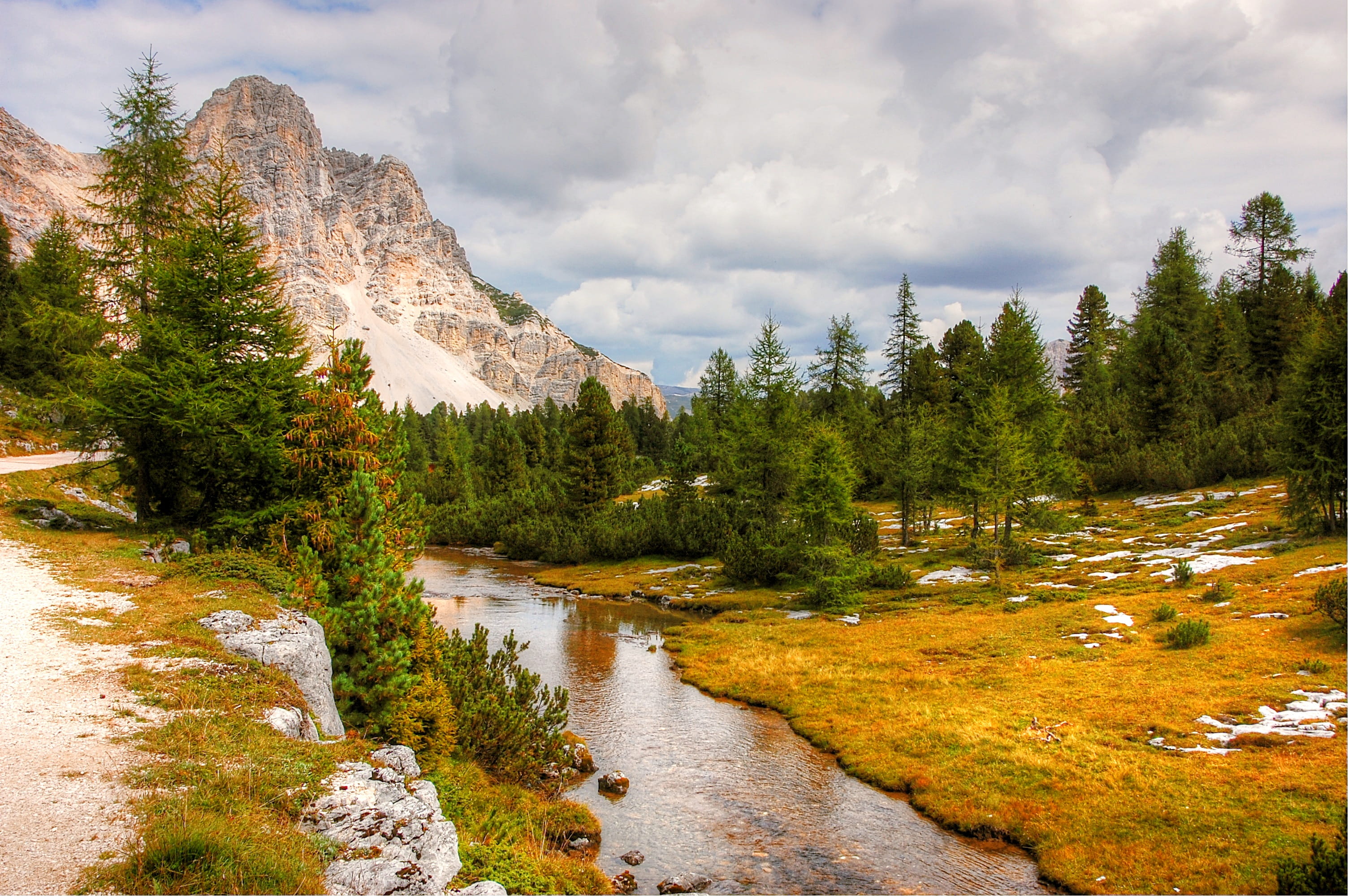 mountain range, lake, valley, landscape, rock - object, cloud - sky, coniferous tree, pine tree, 2K, fanes, water, river, rock, mountain, scenics - nature, HD Wallpaper