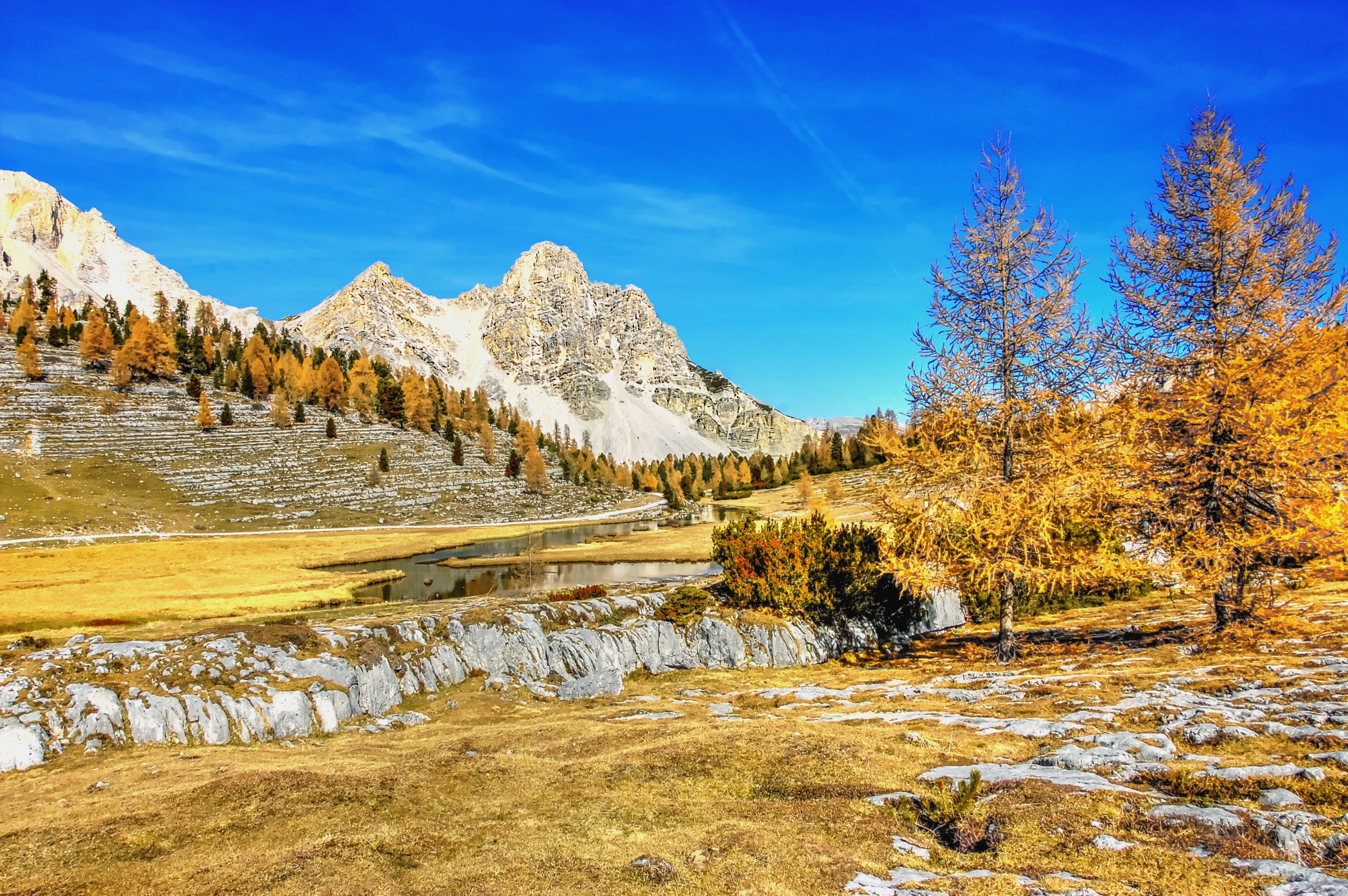 mountain landscape, outdoors, south tyrol, cloud - sky, view, environment, stream - flowing water, italy, dolomites, solid, no people, rock, non-urban scene, HD Wallpaper