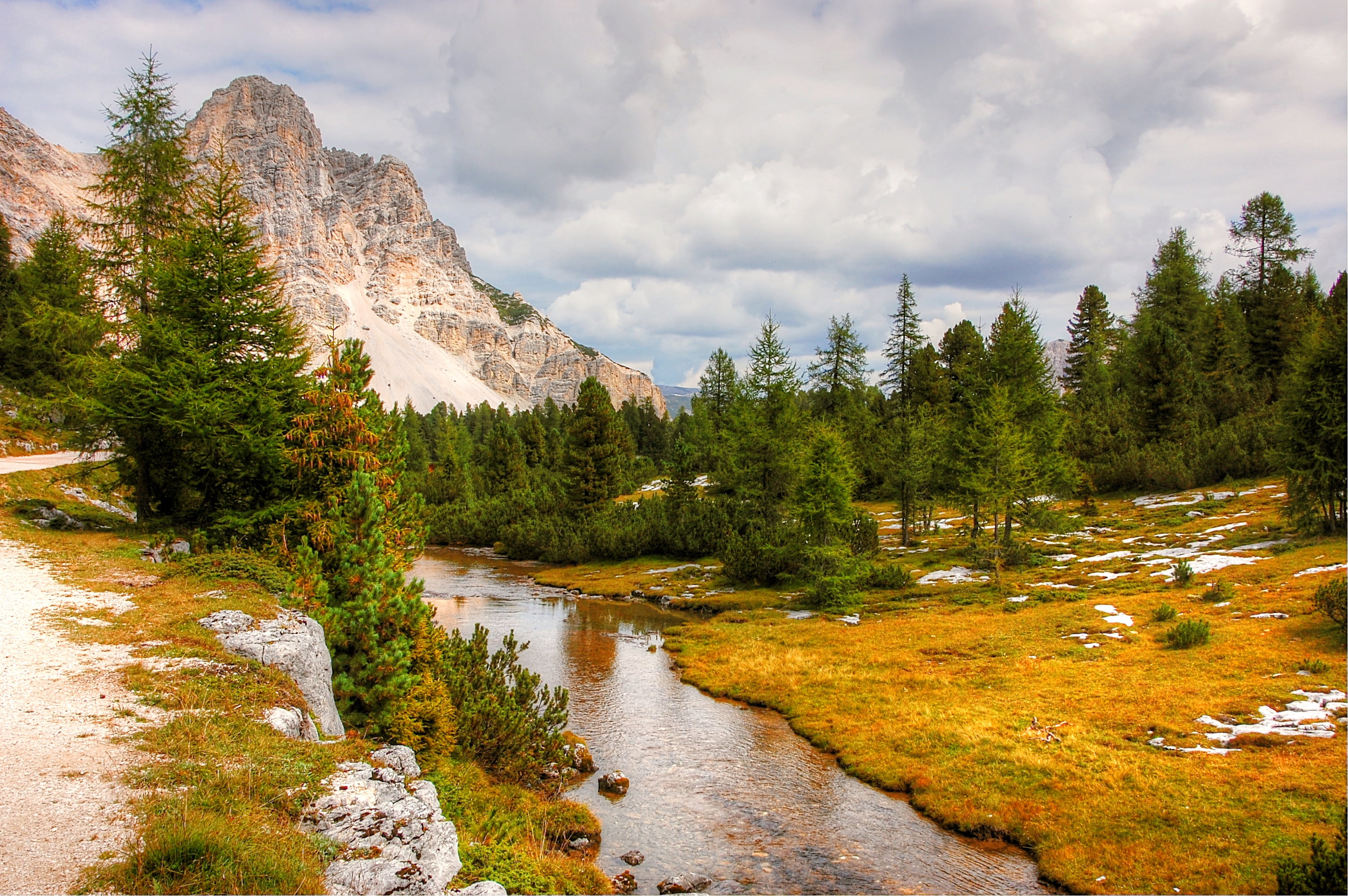 body, water, mountain landscape, fanes alm, summer, view, non-urban scene, plant, sunny, no people, dolomites, 2K, fanes, mountain peak, mountains, scenics, HD Wallpaper