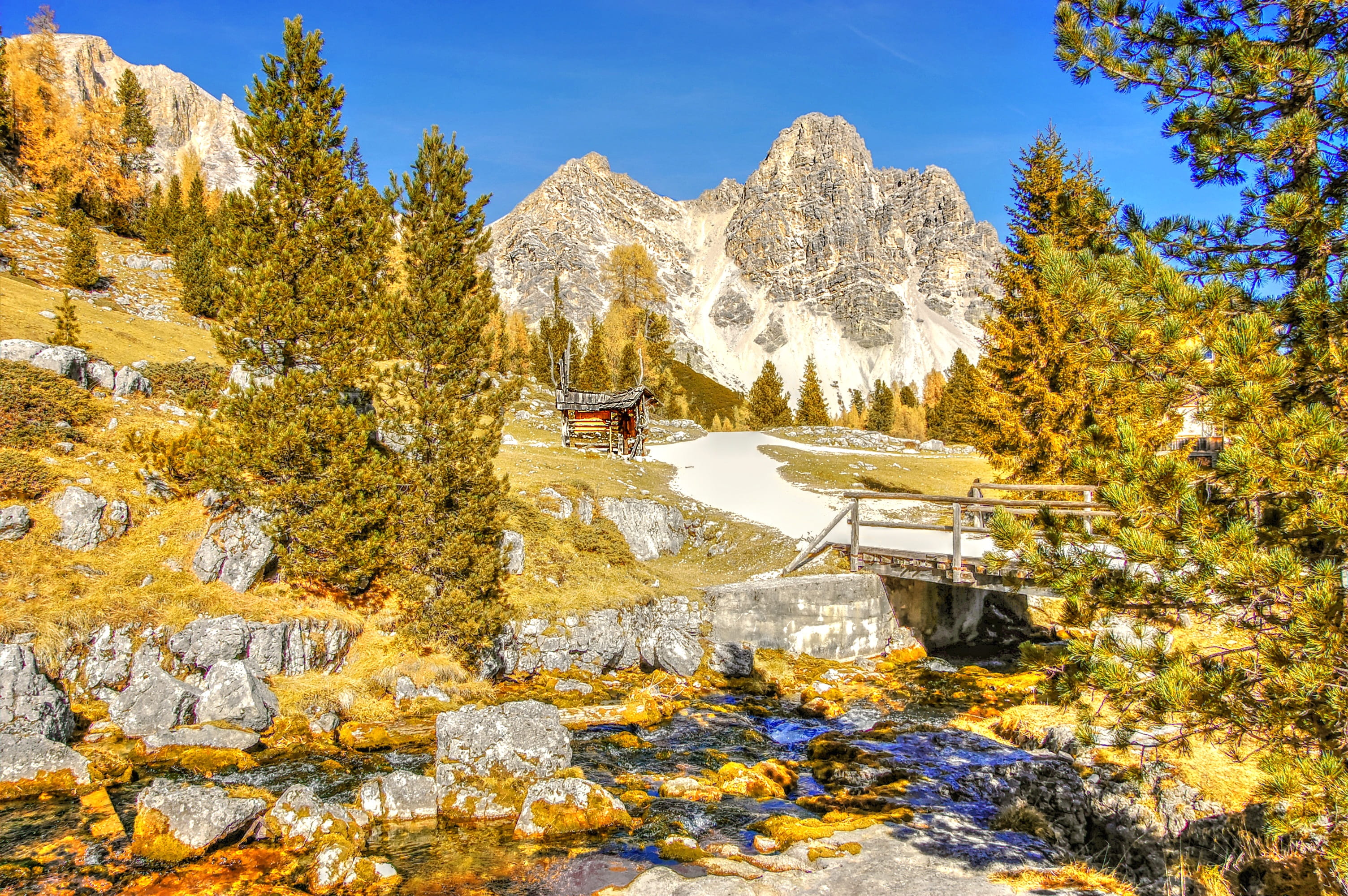 beauty in nature, cold temperature, landscape, tree, autumn, non-urban scene, architecture, alpine, view, outdoors, winter, mountain, fanes, snow, solid, HD Wallpaper