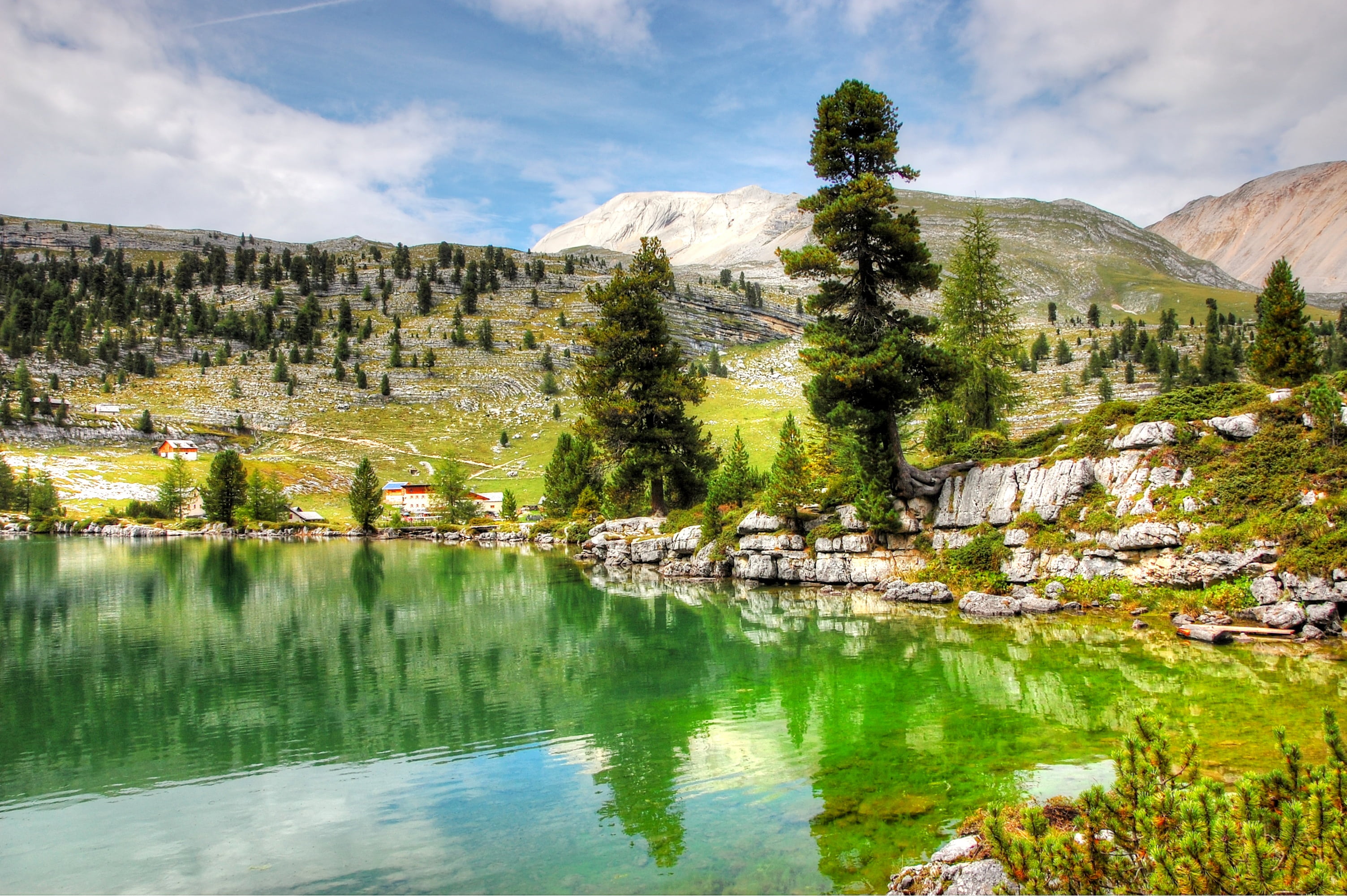 outdoors, no people, landscape, beauty in nature, daytime, mountain, built structure, reflection, near, waterfront, sunny, fanes alm, day, plant, summer, HD Wallpaper
