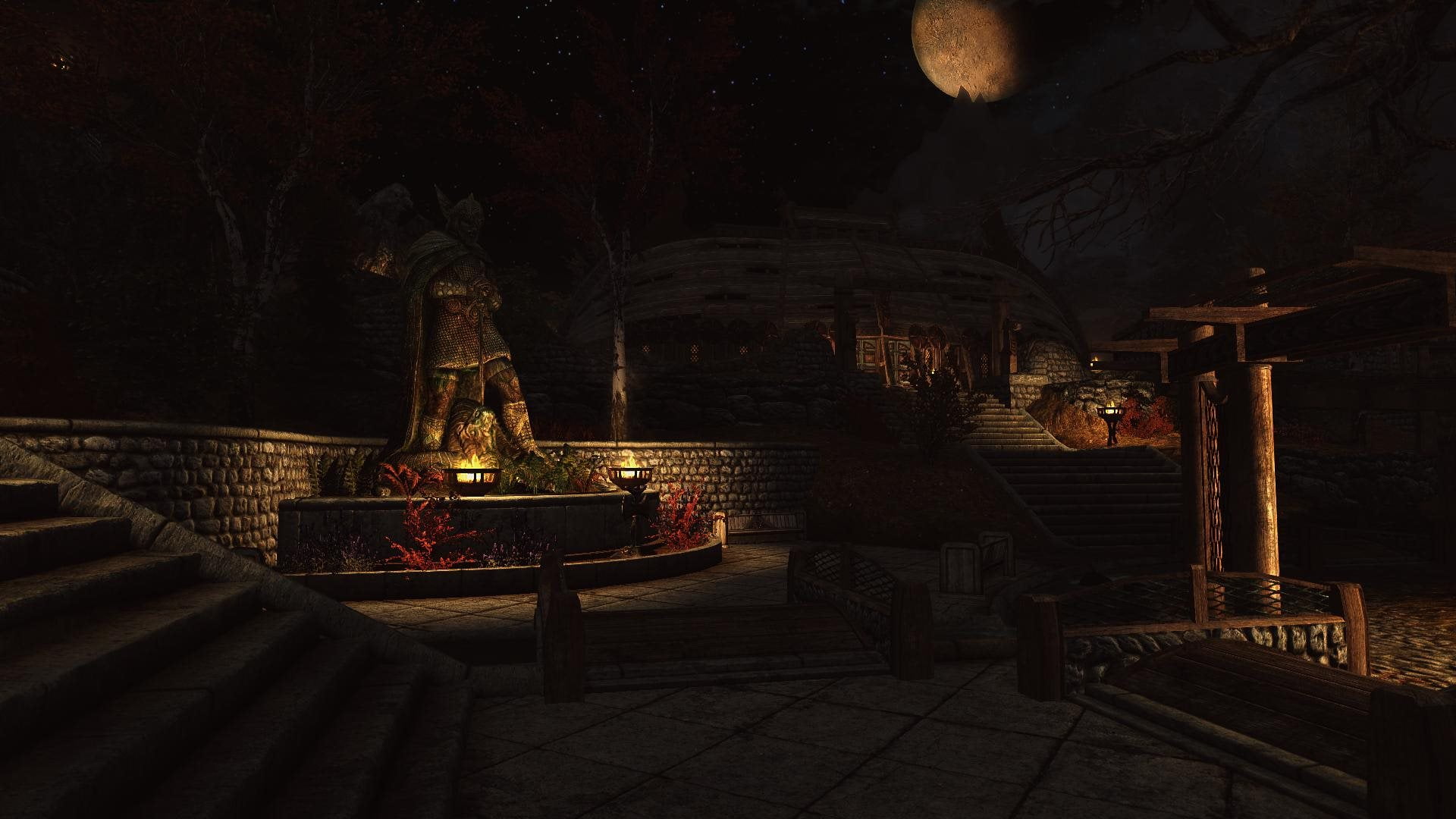 architecture, male likeness, SLMP, night, no people, altar, The Elder Scrolls V: Skyrim, 1080P, built structure, seat, tree, religion, sculpture, place of worship, HD Wallpaper