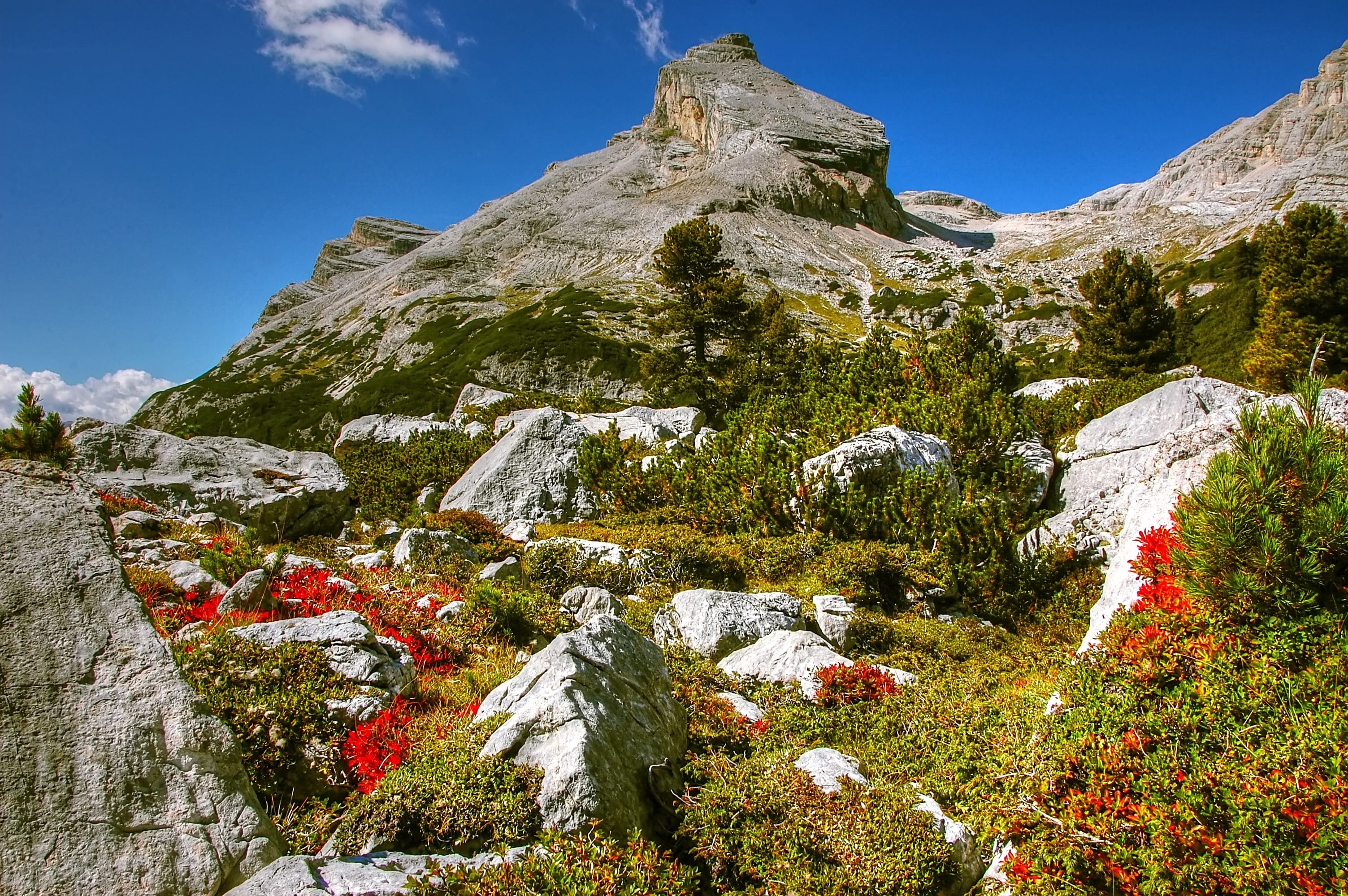 alpine, day, Landscape, scenics - nature, non-urban scene, summer, mountain, sun, Mountains, solid, water, fanes alm, blue, boulders, nature, plant, view, HD Wallpaper