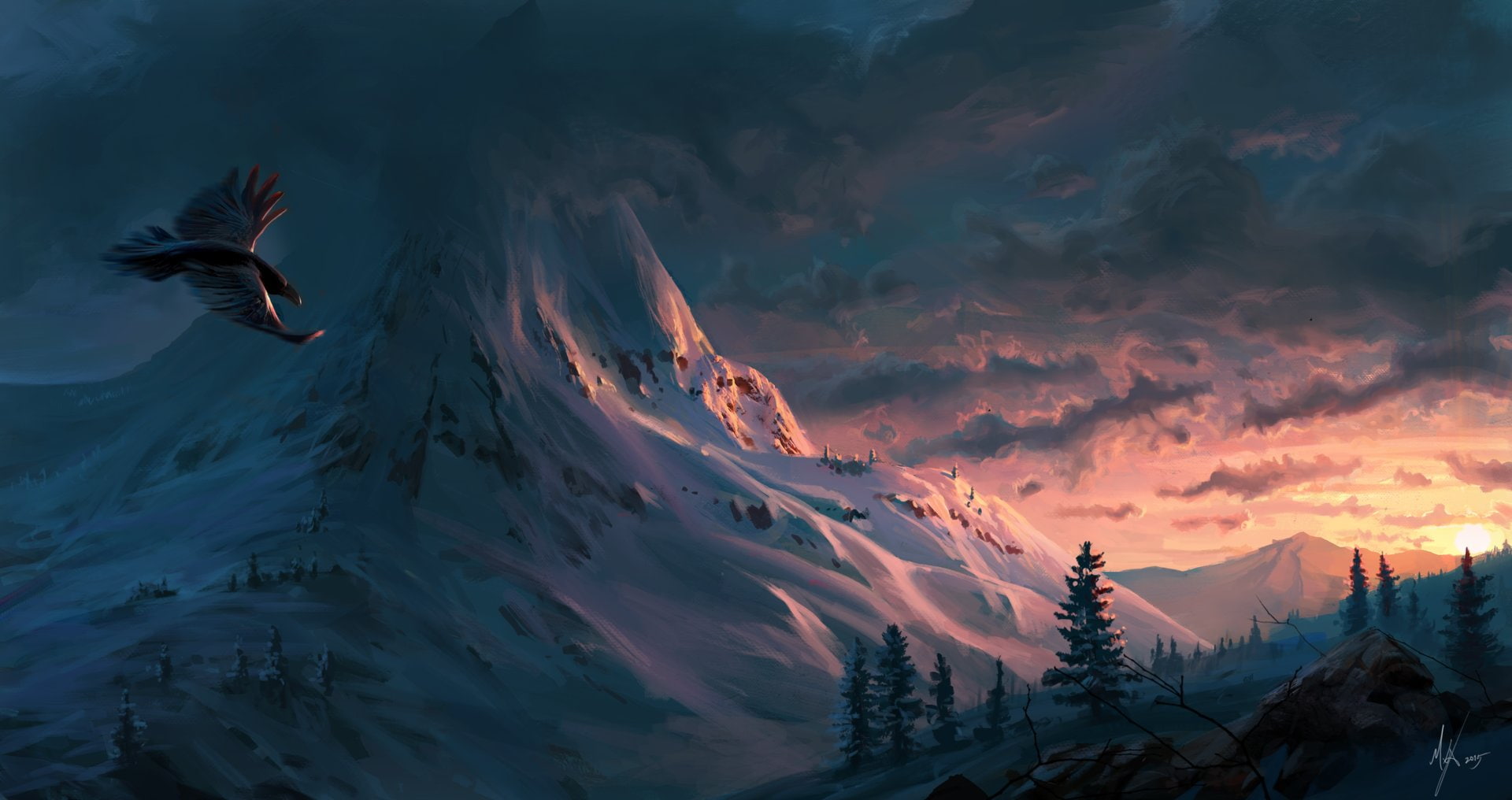 Michal Kus, nature, birds, sunset, eagle, 1080P, snow, mountains, winter, artwork, digital art, Trees, landscape, clouds, rock, HD Wallpaper