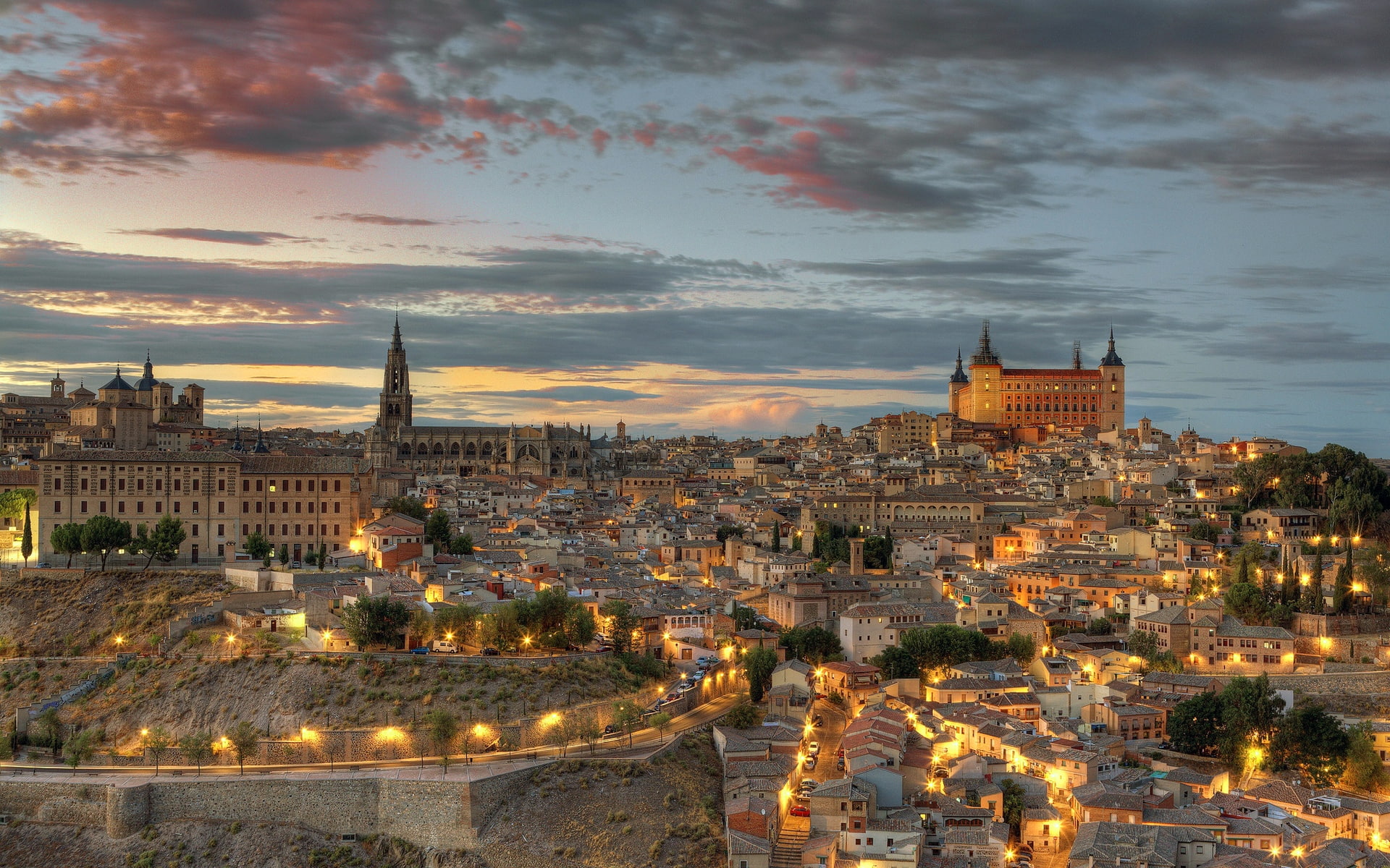 1080P, city, sky, toledo, night, landscape, spain, HD Wallpaper