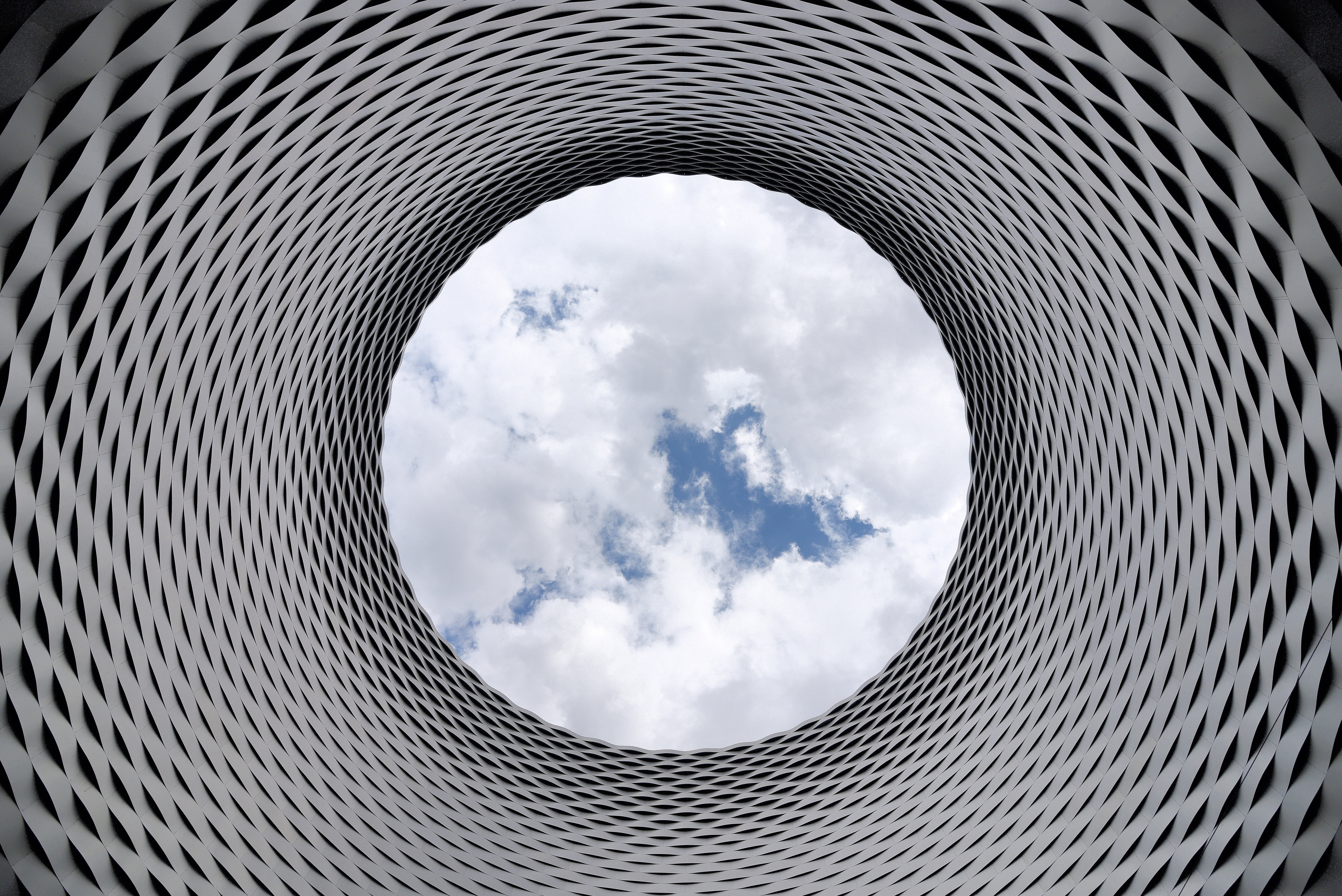 low angle view, photo, no people, hole, built structure, nature, tower, architecture, town, pattern, blue, basel, circle, cloud, 5K, cloud - sky, repetition, HD Wallpaper