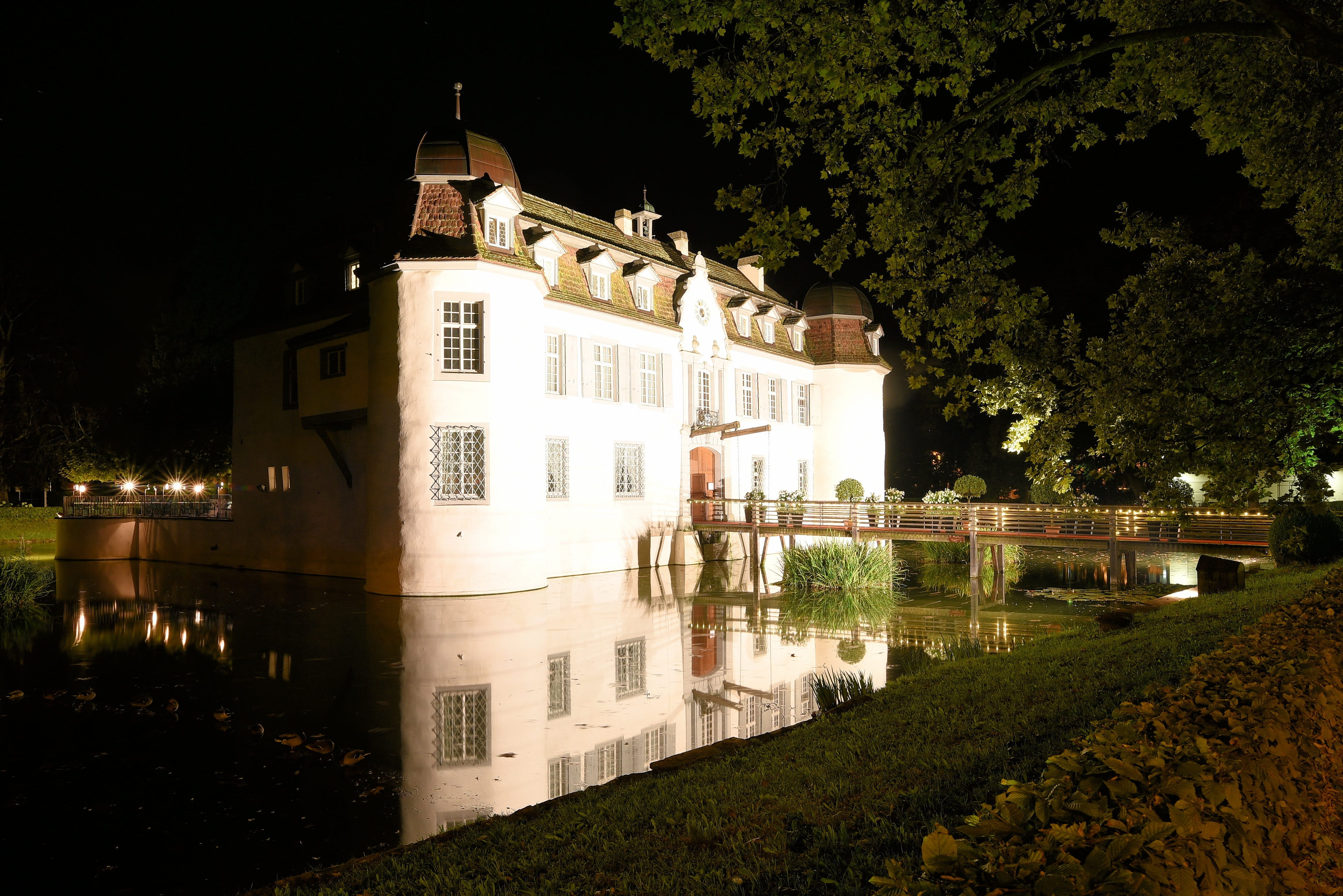 outdoors, residential district, religion, built structure, plant, water, Castle, castle, basel, city, bottmingen, growth, tree, night, architecture, illuminated, HD Wallpaper