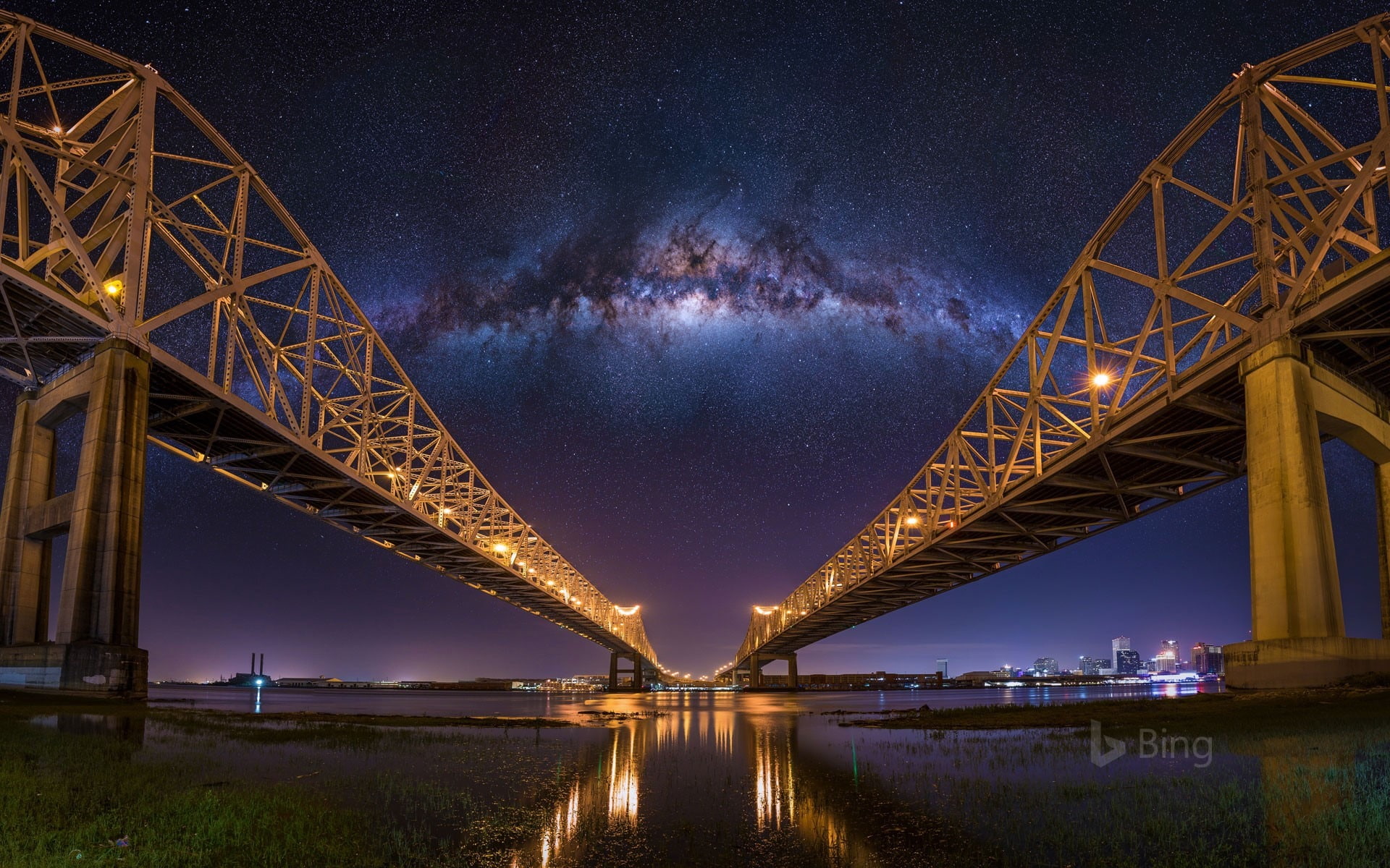architecture, night, city, bridge - man made structure, illuminated, built structure, 1080P, outdoors, astronomy, engineering, travel destinations, star - space, HD Wallpaper