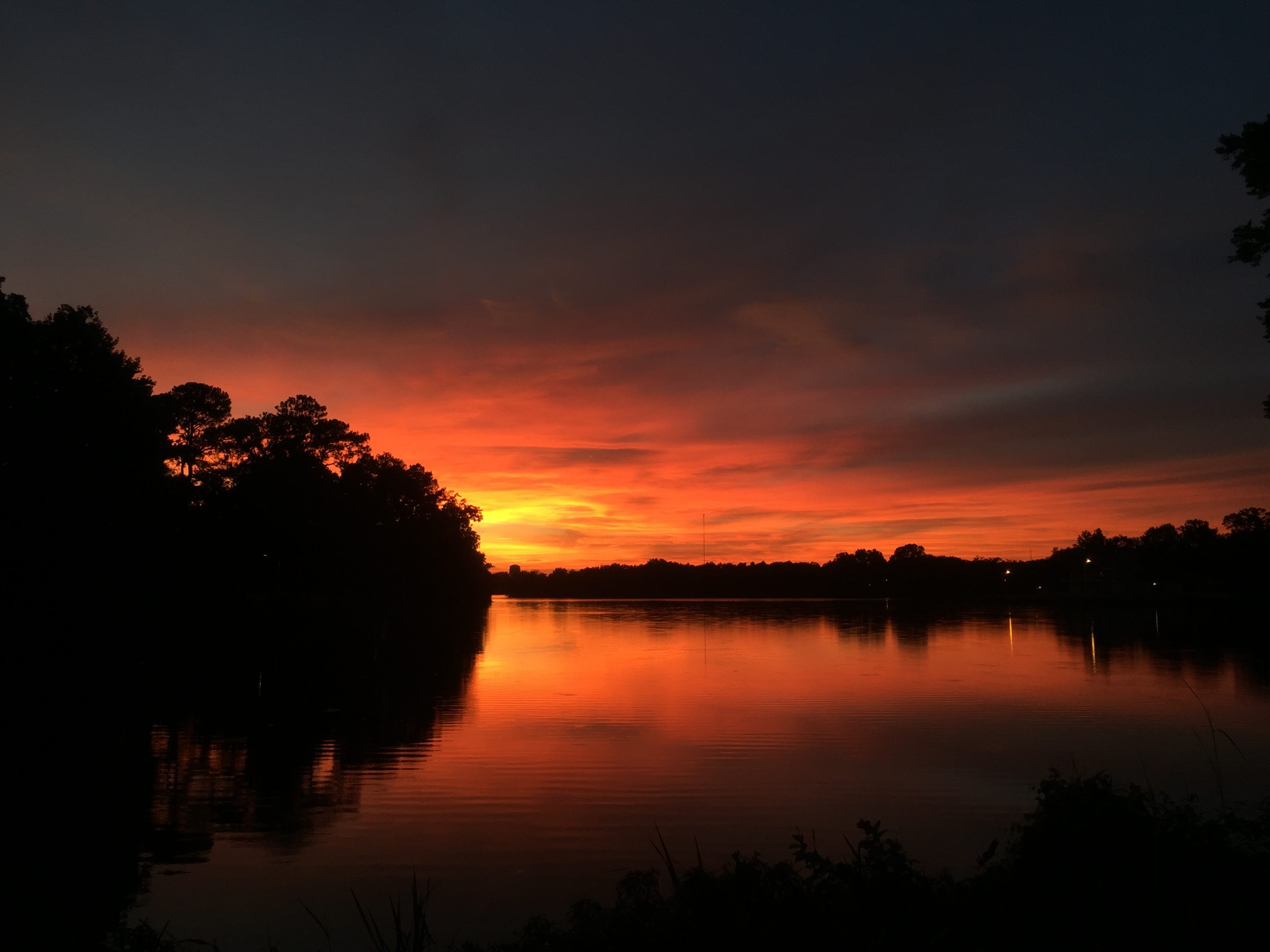 non-urban scene, reflection, louisiana, tranquil scene, water, reflection lake, beauty in nature, idyllic, cloud - sky, 2K, tree, silhouette, lake, sunset, HD Wallpaper