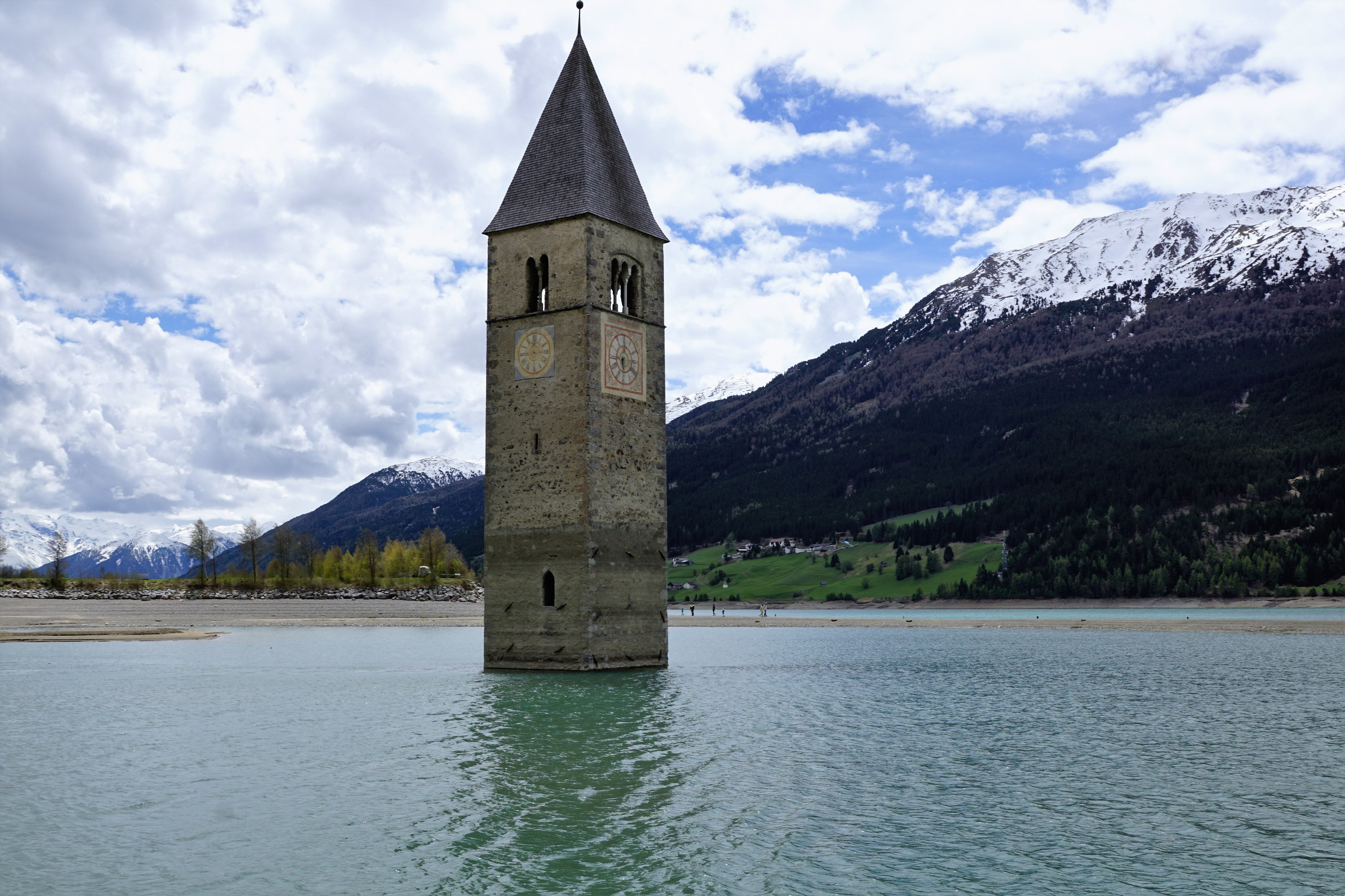 reschensee, outdoors, waterfront, tower, resia lake, blue, building, place of worship, beauty in nature, building exterior, tree, mountain, 5K, cloud - sky, HD Wallpaper