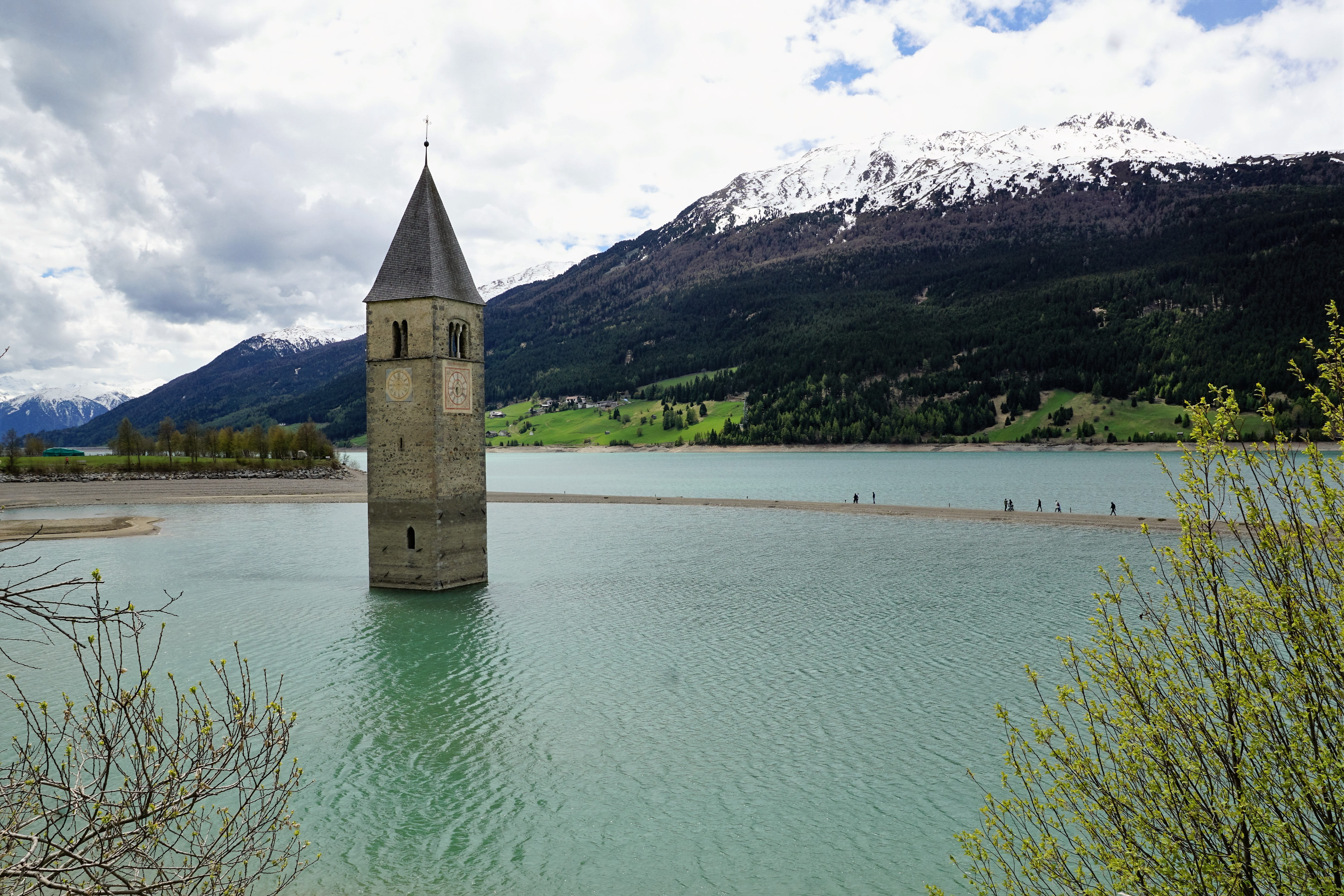 famous Place, hike, mountain range, beauty in nature, summer, built structure, Venosta, scenics, enjoy, adige, cloud - sky, religion, curon venosta, place of worship, HD Wallpaper