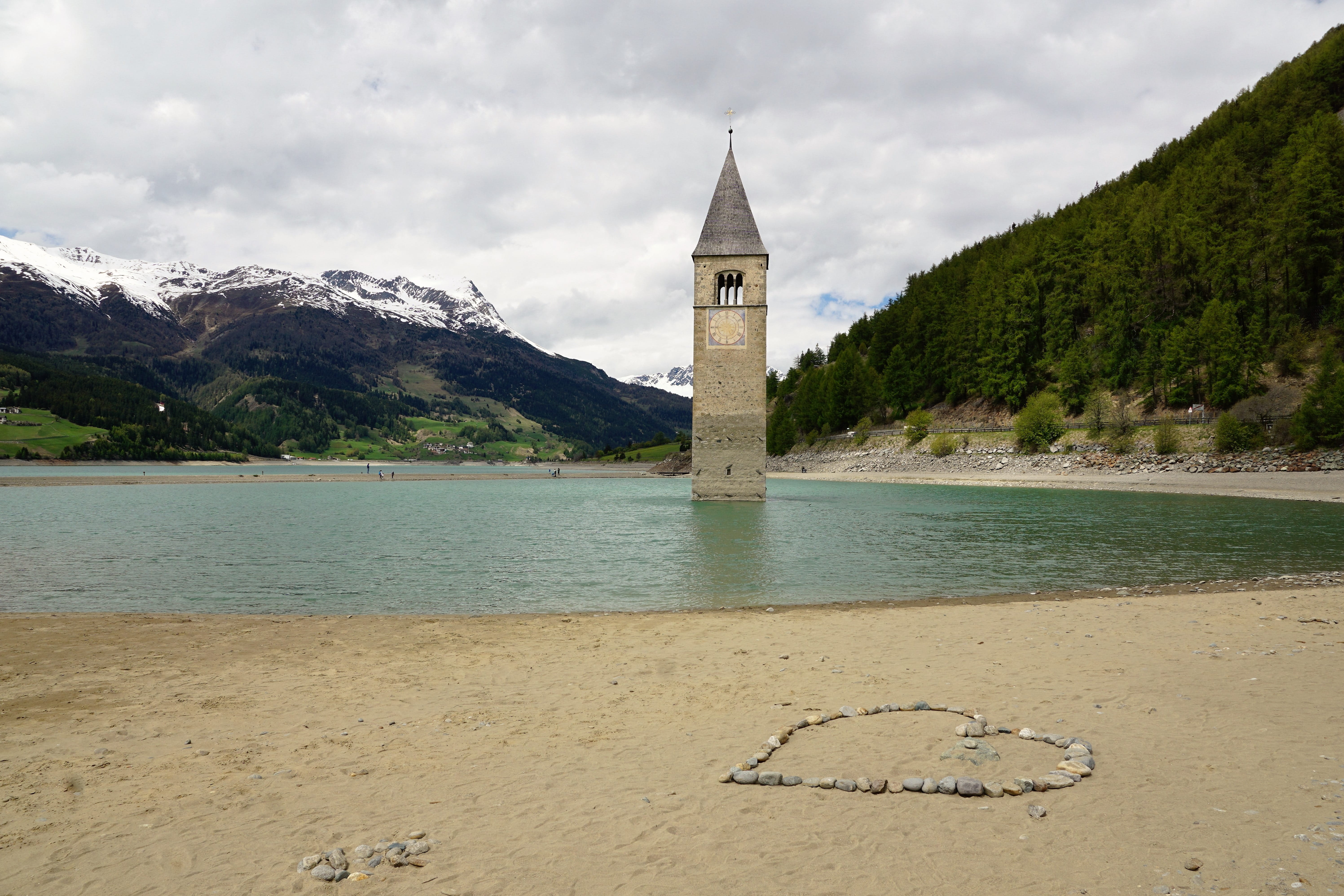 river, building, mountain, hike, Reschensee, land, travel, plant, sky, lake, cloud - sky, kaschon, beach, church, architecture, trautmannsdorf, wine, mountains, HD Wallpaper