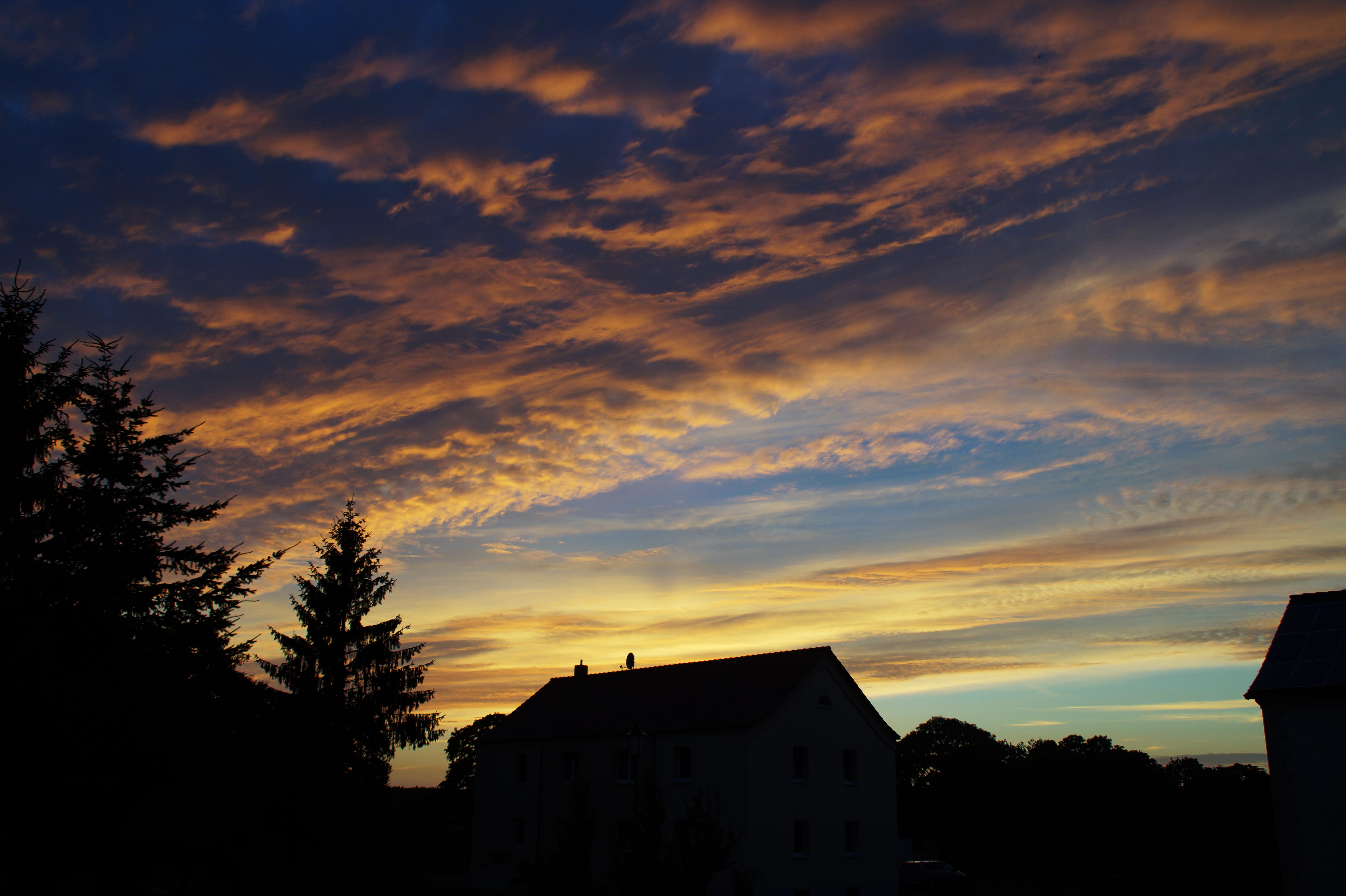 silhouette, beauty in nature, sunset, deutschland, dramatic sky, nature, no people, orange color, sky, building exterior, stolpe auf usedom, low angle view, HD Wallpaper