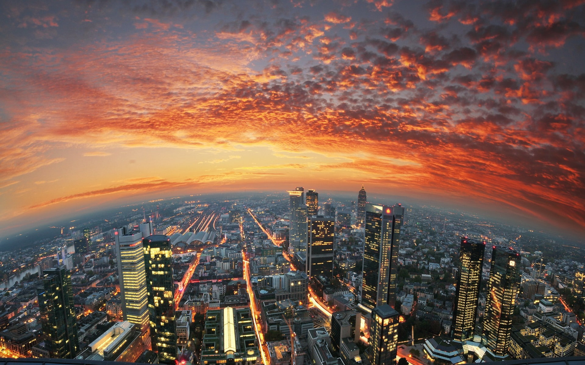 1080P, frankfurt, architecture, sunset, cityscape, lights, germany, HD Wallpaper