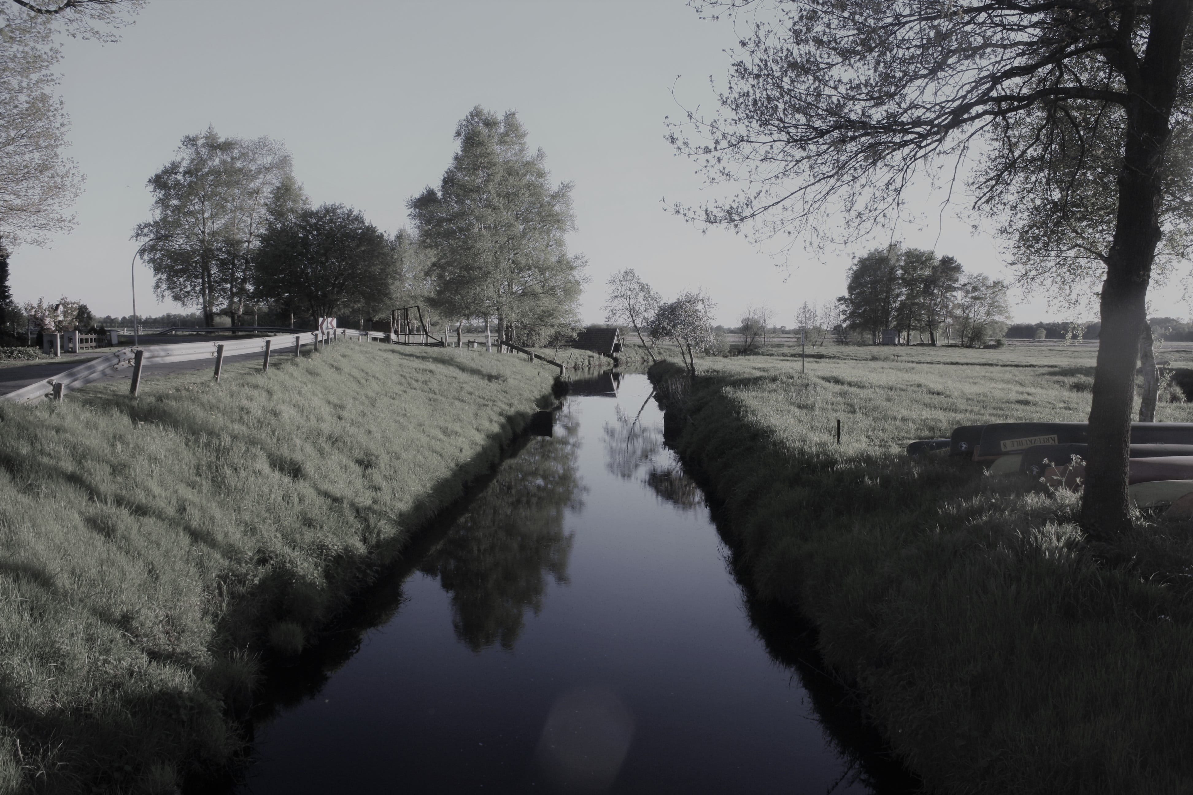 no people, clear sky, black and white photography, sky, landscape, canal, tree, nature, port motifs, vörder country, teufelsmoor, beauty in nature, tranquility, HD Wallpaper