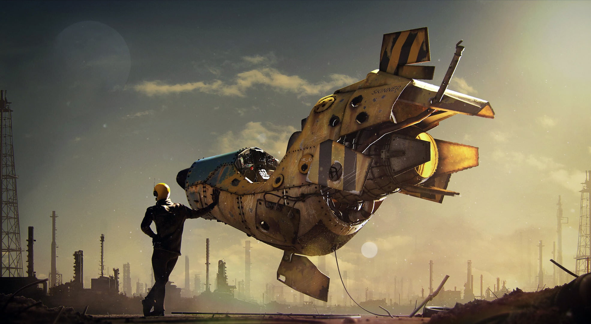 pearls, drill, pilot, sky, science fiction, digital art, moon, astronaut, artwork, sci-fi, fantasy art, man, suit, fantasy, 1080P, stars, oil well, Spaceship, HD Wallpaper