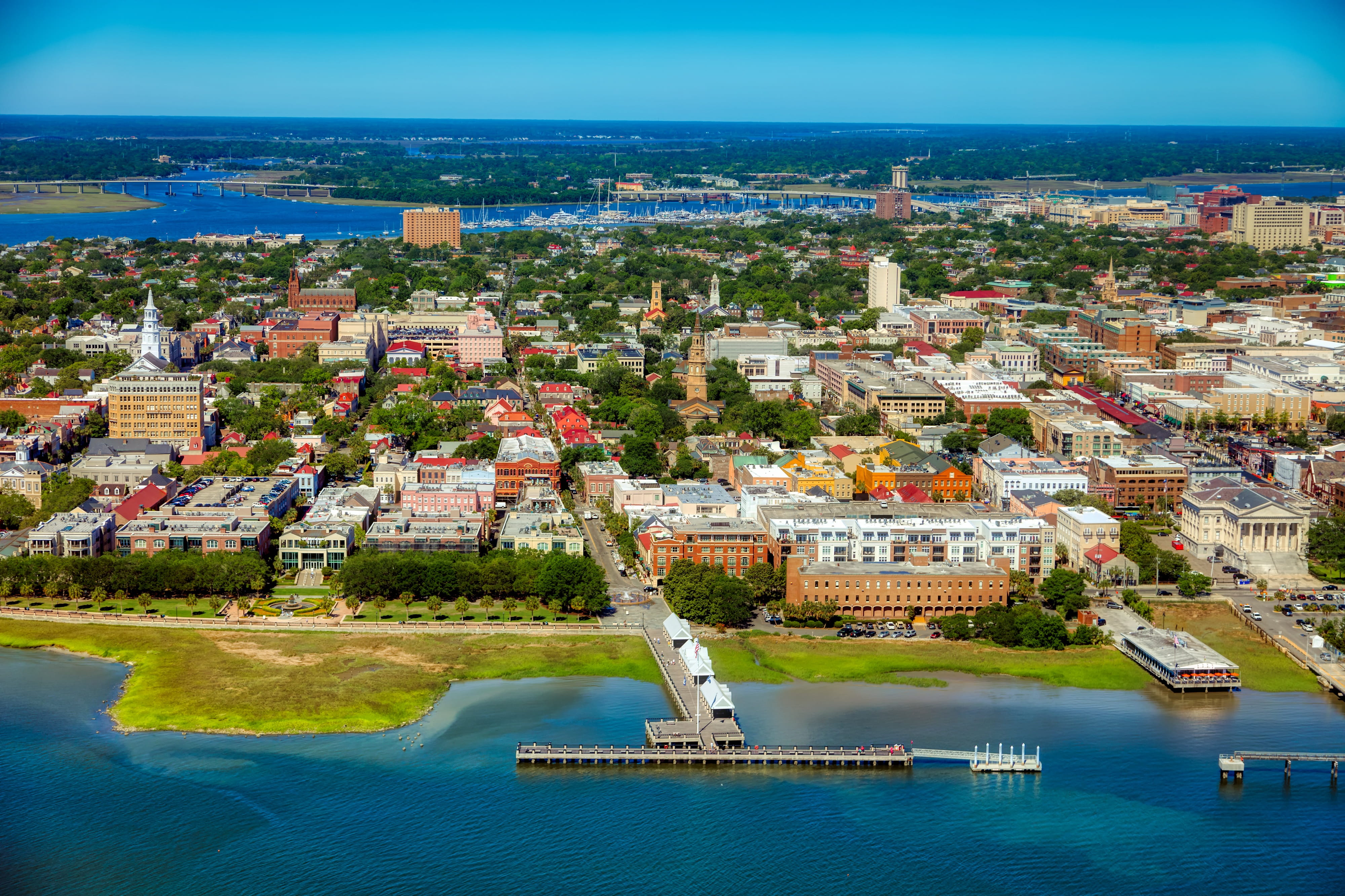nature, sky, bay, sea, city, building, dock, cityscape, tourism, south carolina, 4K, residential district, downtown, pier, built structure, buildings, HD Wallpaper