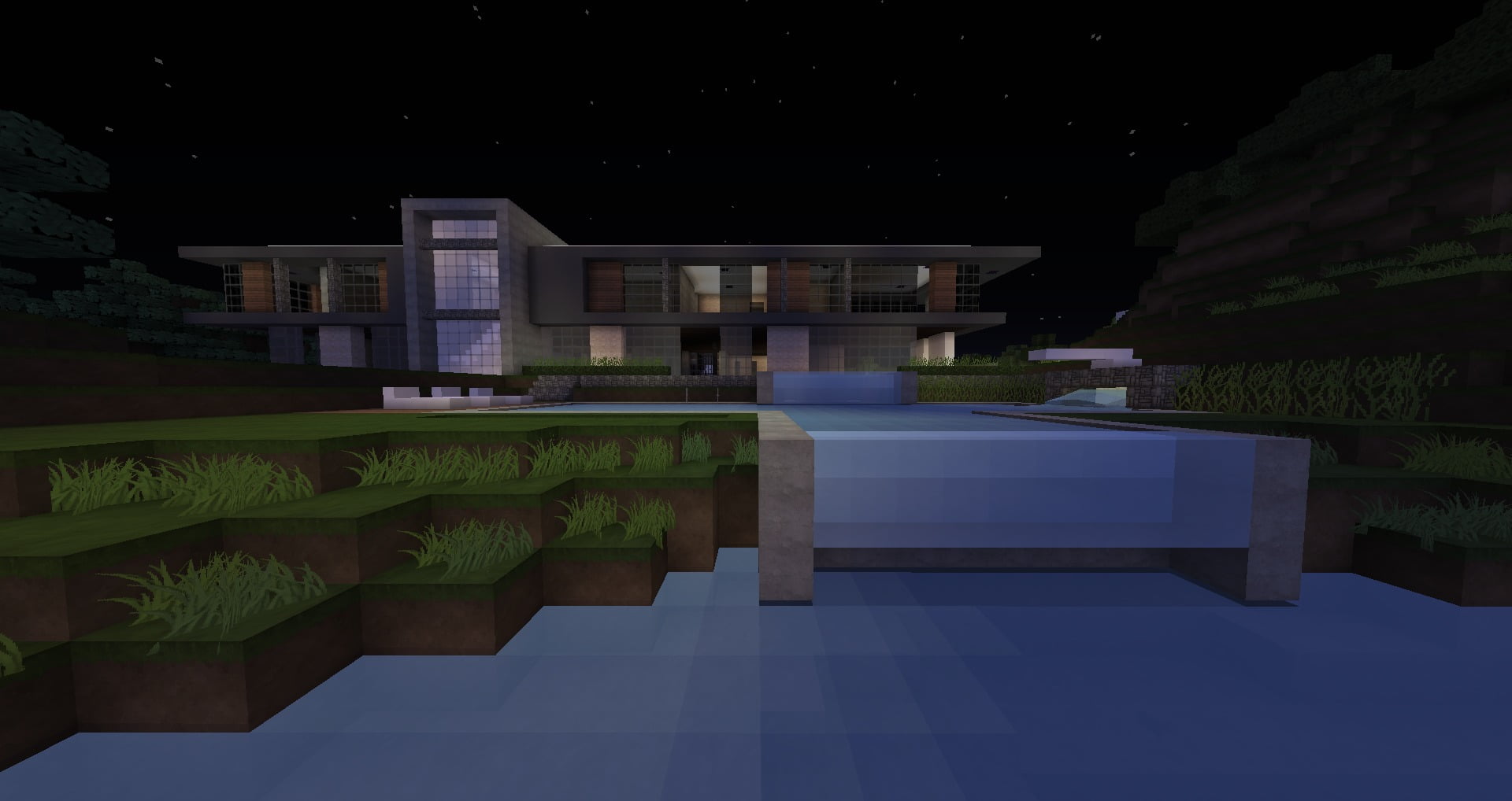 tree, house, travel destinations, night, nature, no people, architecture, outdoors, swimming pool, pool, Minecraft, 1080P, mansions, reflection, modern, HD Wallpaper