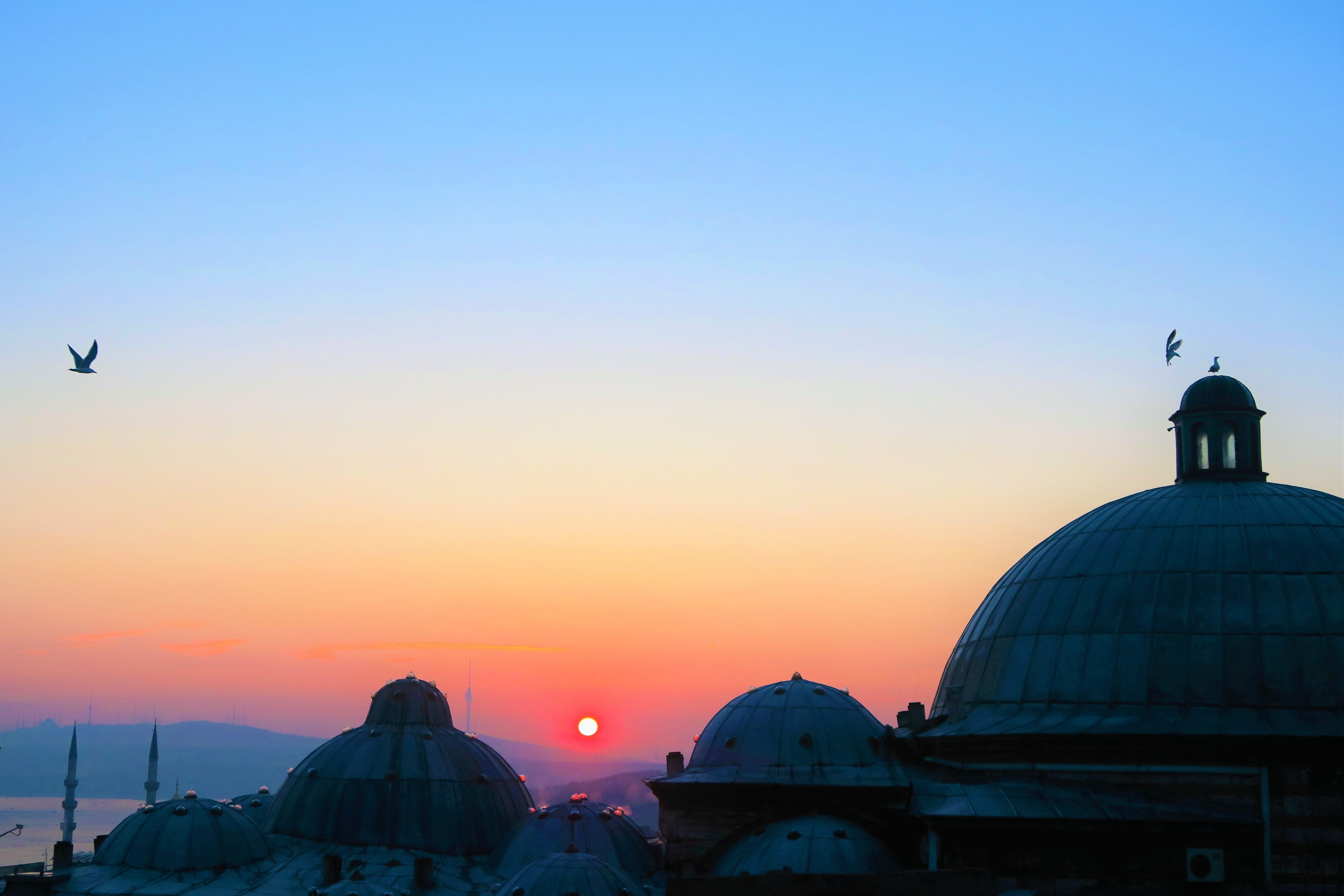 clear sky, landscape, spirituality, copy space, bosphorus, sky, istanbul, no people, orange color, süleymaniye, on, belief, architecture, cami, dome, 5K, HD Wallpaper