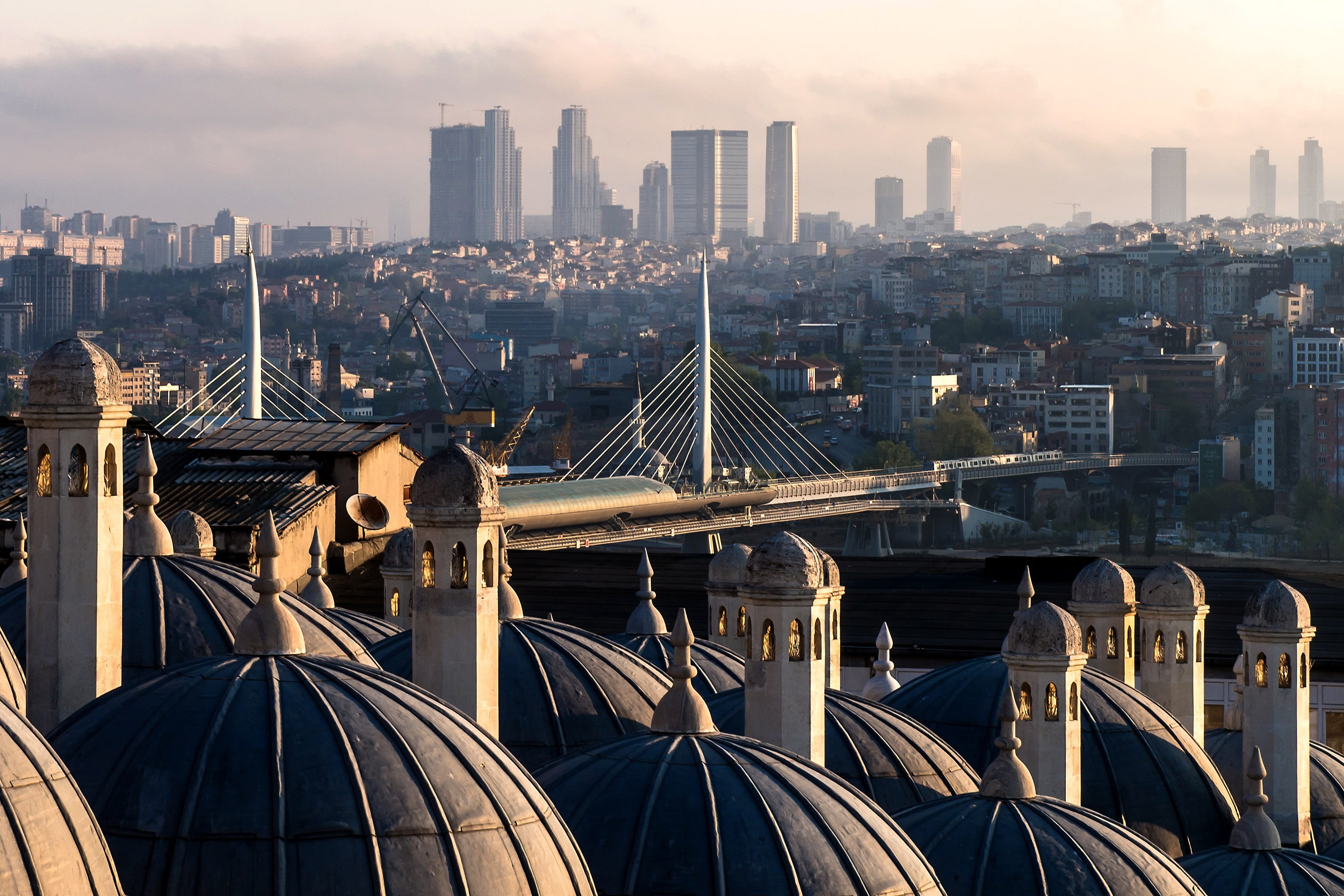 cityscape, turkey, travel destinations, daytime, urban skyline, skyscraper, financial district, view, istanbul, morning, dome, connection, tower, bridge - man made structure, HD Wallpaper