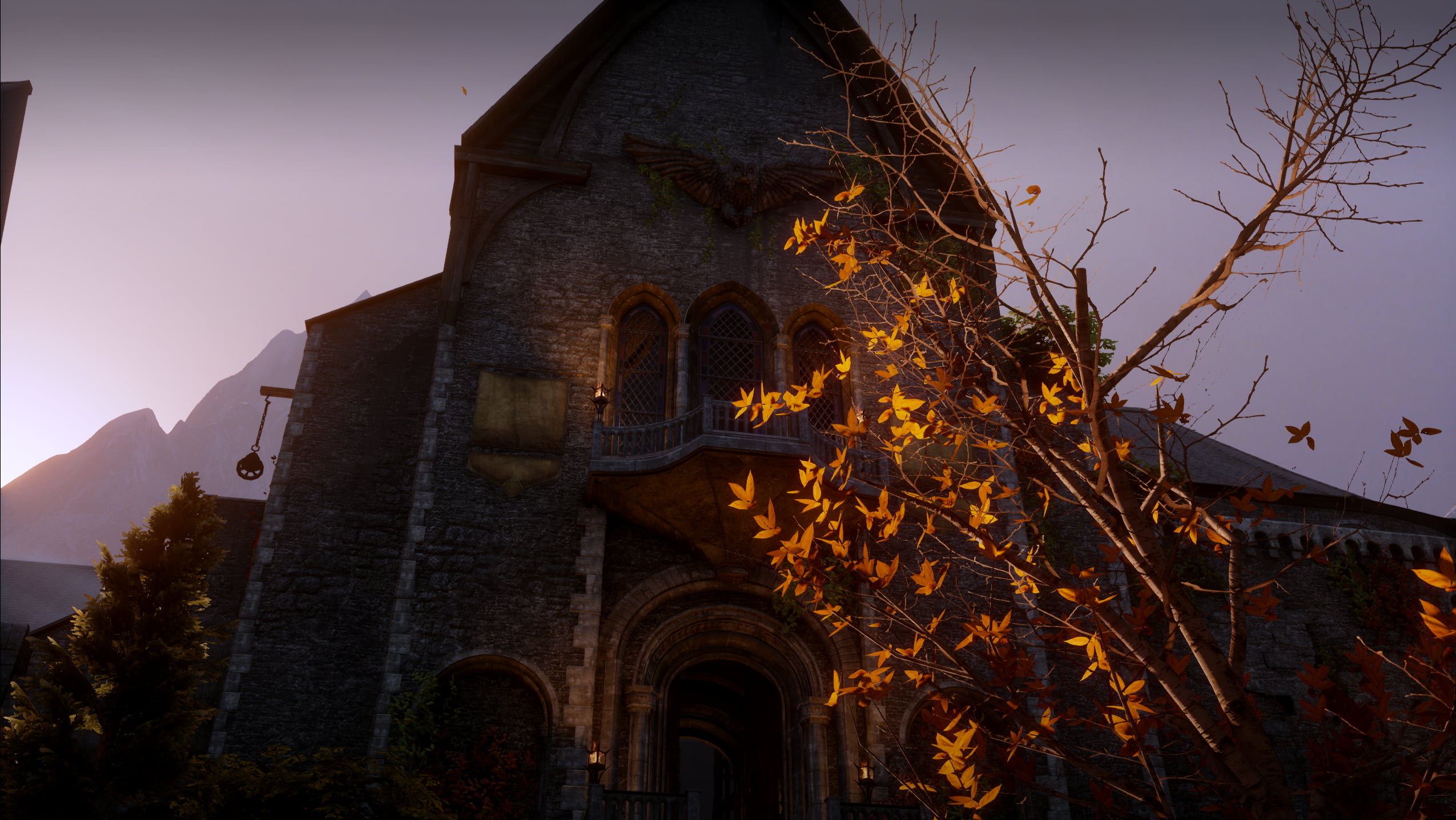 Dragon Age, building, leaves, trees, orange, fall, Dragon Age Inquisition, Skyhold, 1080P, red, HD Wallpaper