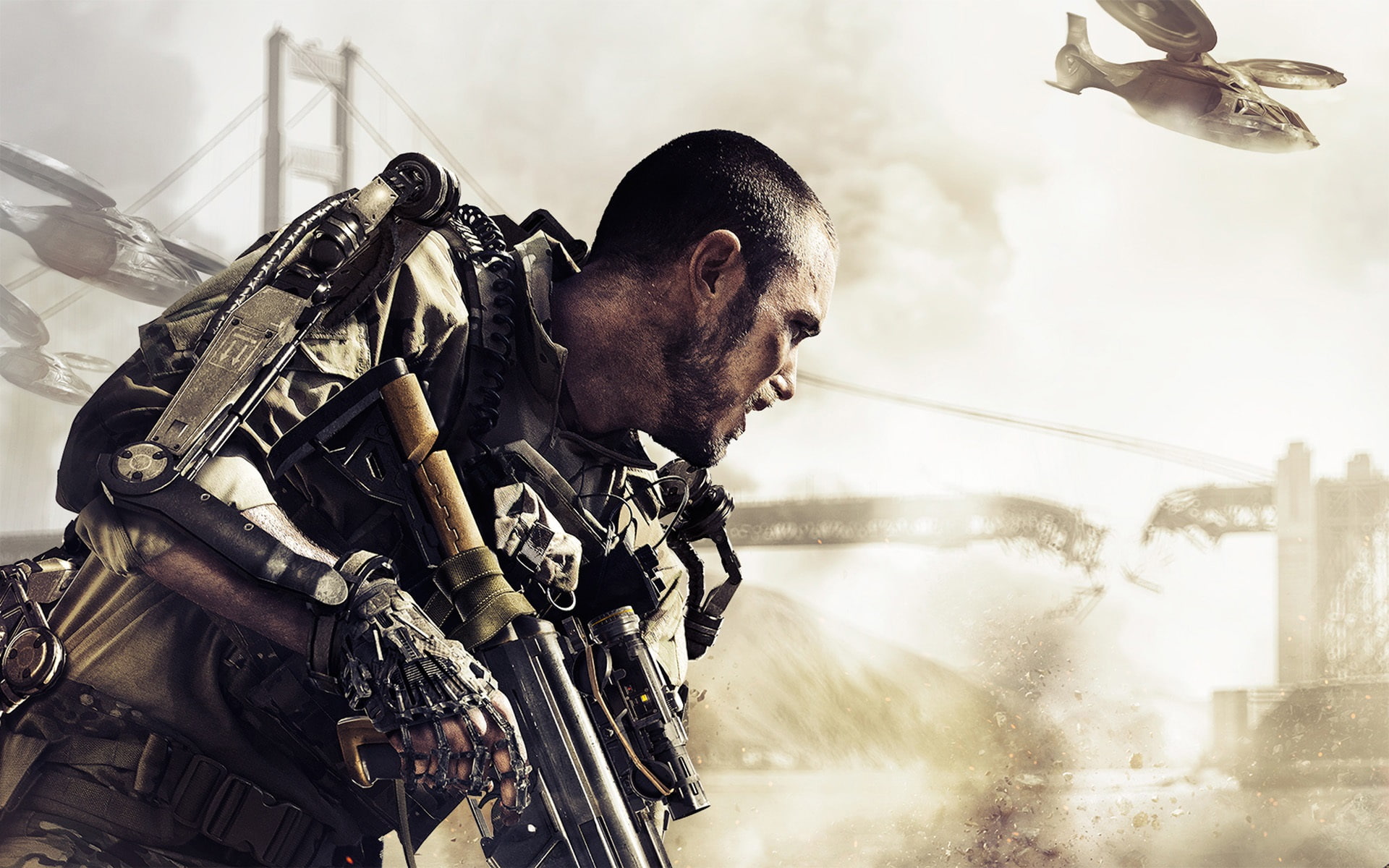 rifle, duty, Warfare, single, COD, male, 1080P, graphics, holding, suit, action, call, black, army, 2014, Advanced, HD Wallpaper