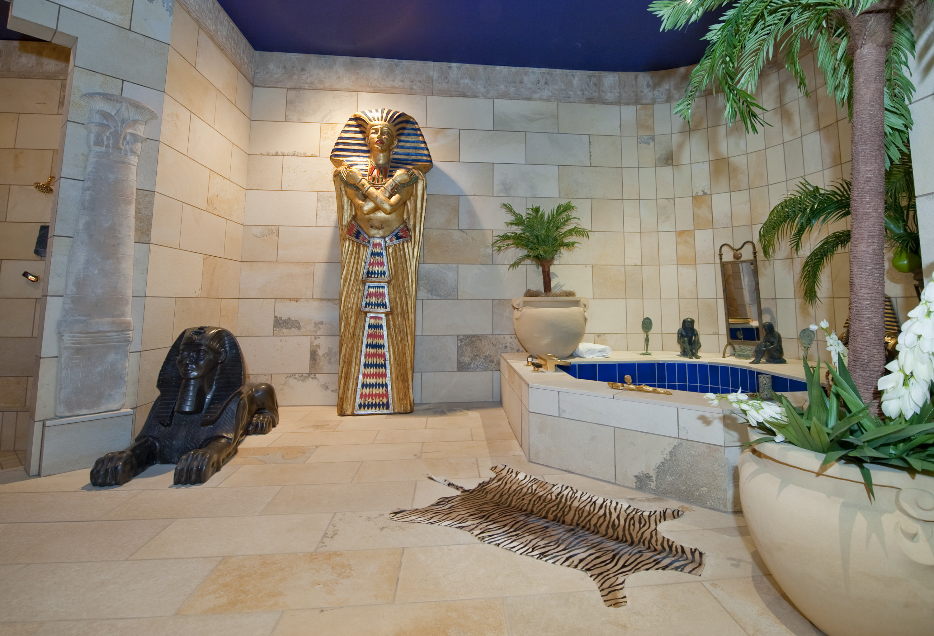 style, design, room, Villa, house, Interier, hide, egyptian bath, interior, tiger, bathroom, rug, 2K, HD Wallpaper