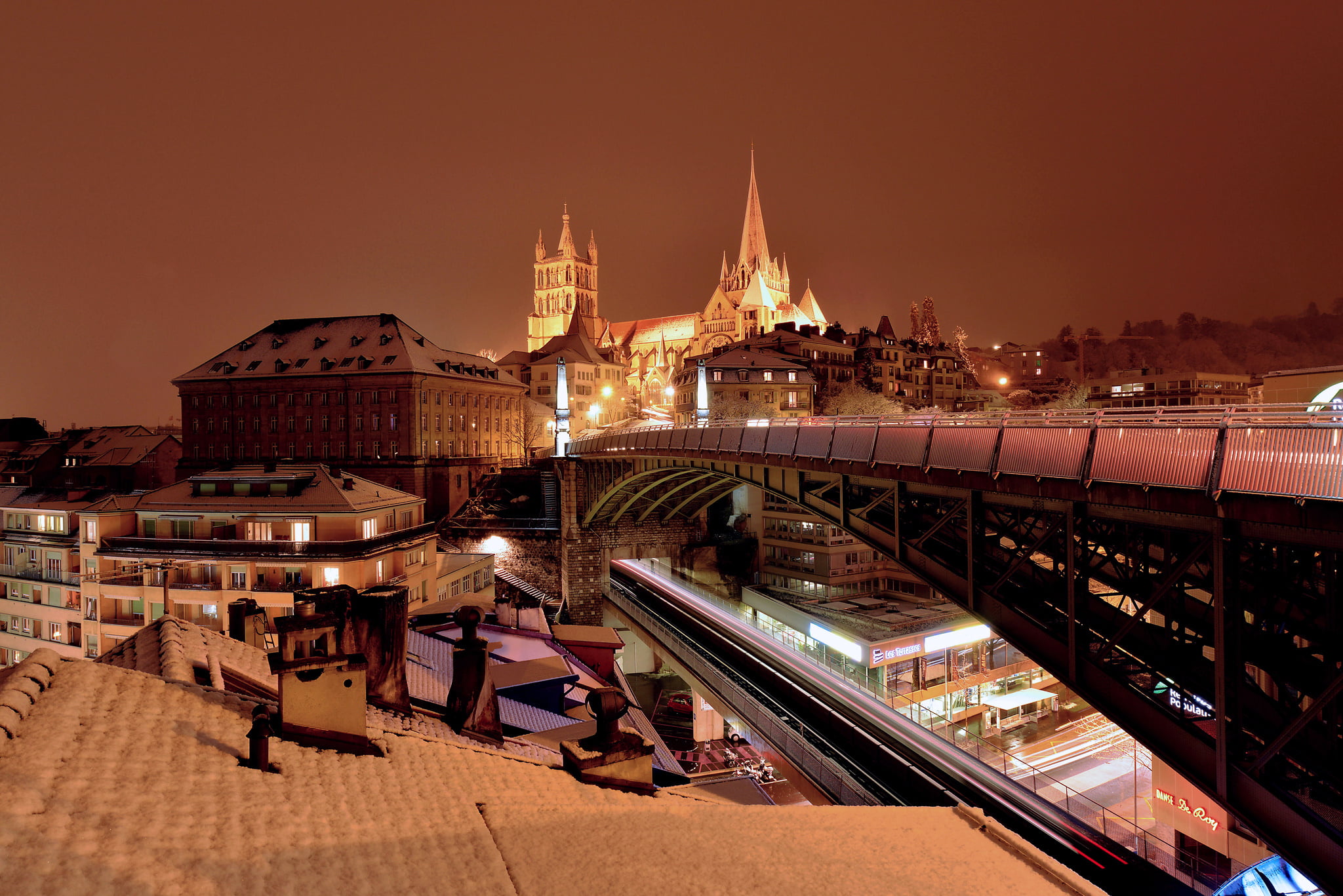 Switzerland, 1080P, bridge, home, Lausanne, lights, Cathedral, night, HD Wallpaper
