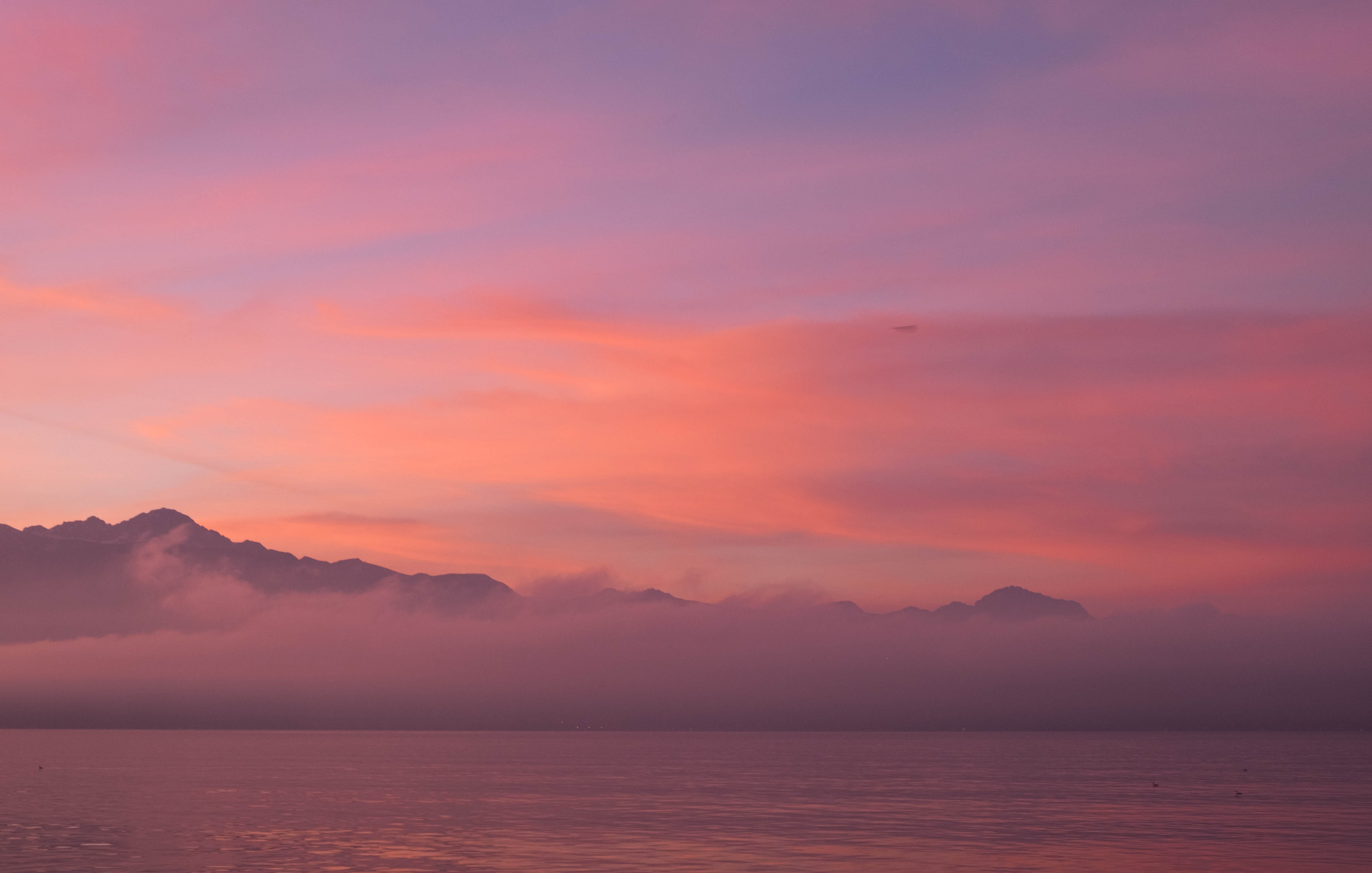 mountain range, sunset, orange, clouds, sea, romantic sky, lake, mountain, switzerland, scenics - nature, pink, lausanne, outdoors, purple, travel destinations, HD Wallpaper