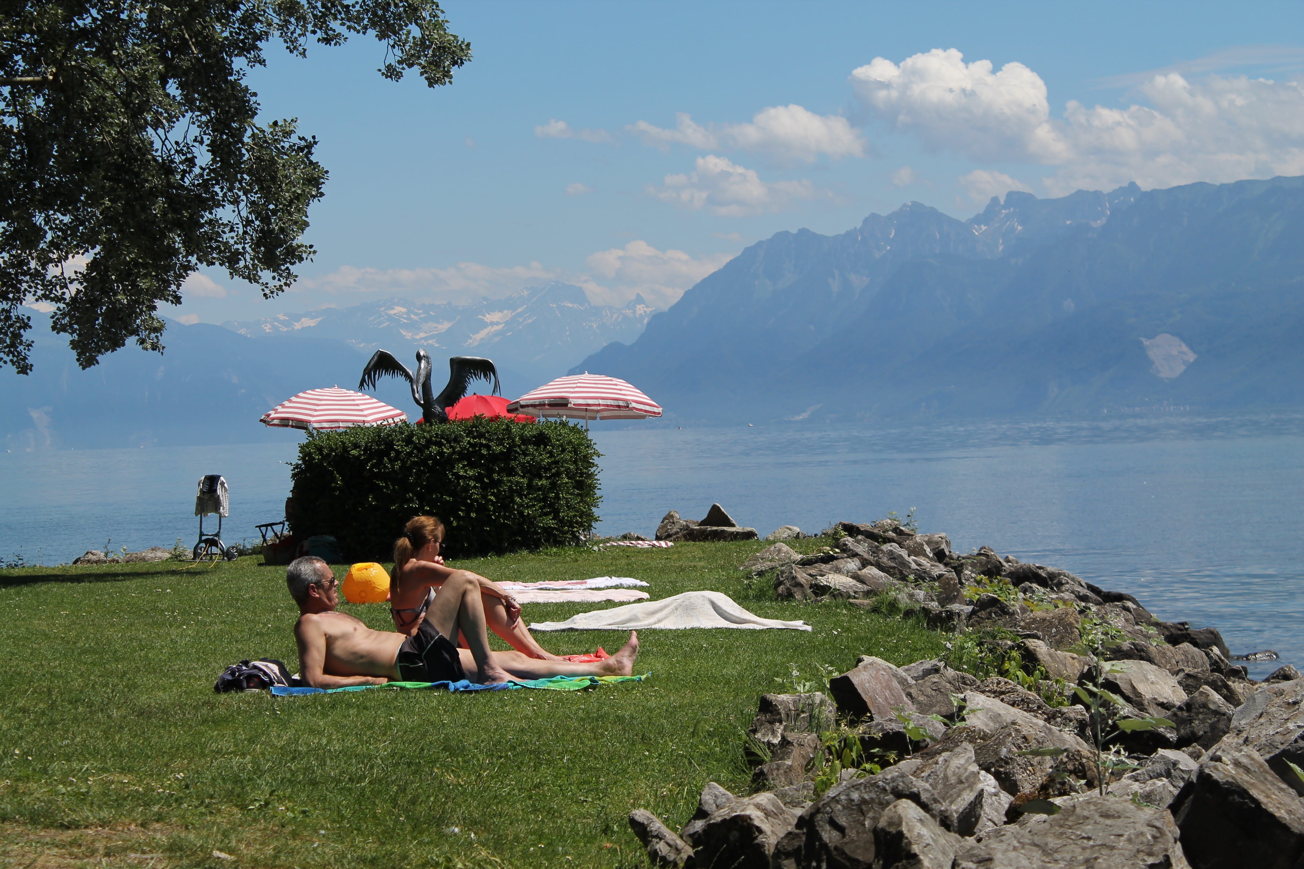 solid, nature, men, sky, grass, lake, rock, women, social, leisure activity, lausanne, switzerland, beauty in nature, 4K, day, mountain, water, relax, HD Wallpaper