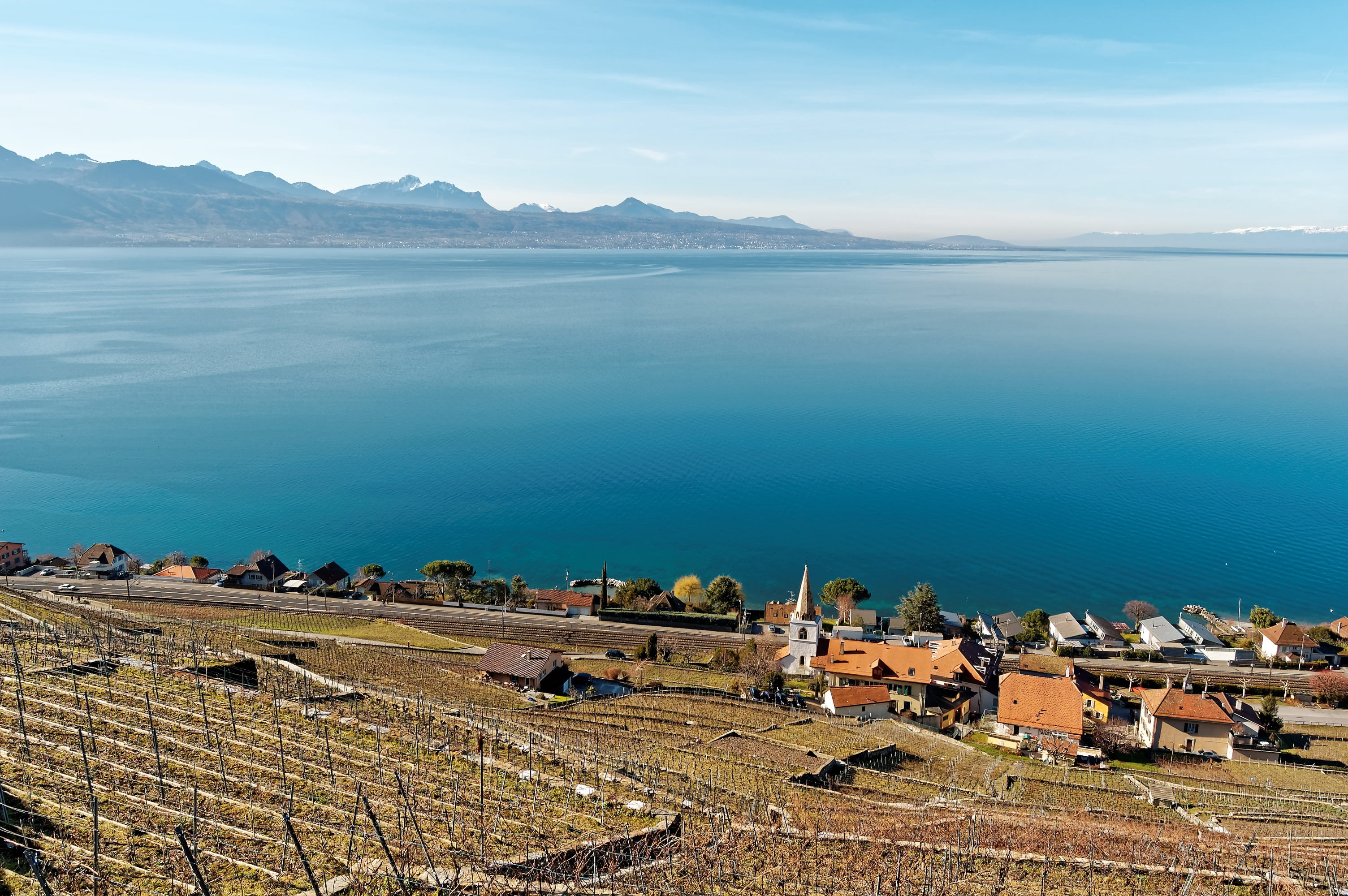 sea, landscape, outdoors, lake, scenics - nature, lavaux, view, no people, nature, land, geneva, tranquil scene, 2K, day, beauty in nature, mountain, switzerland, HD Wallpaper