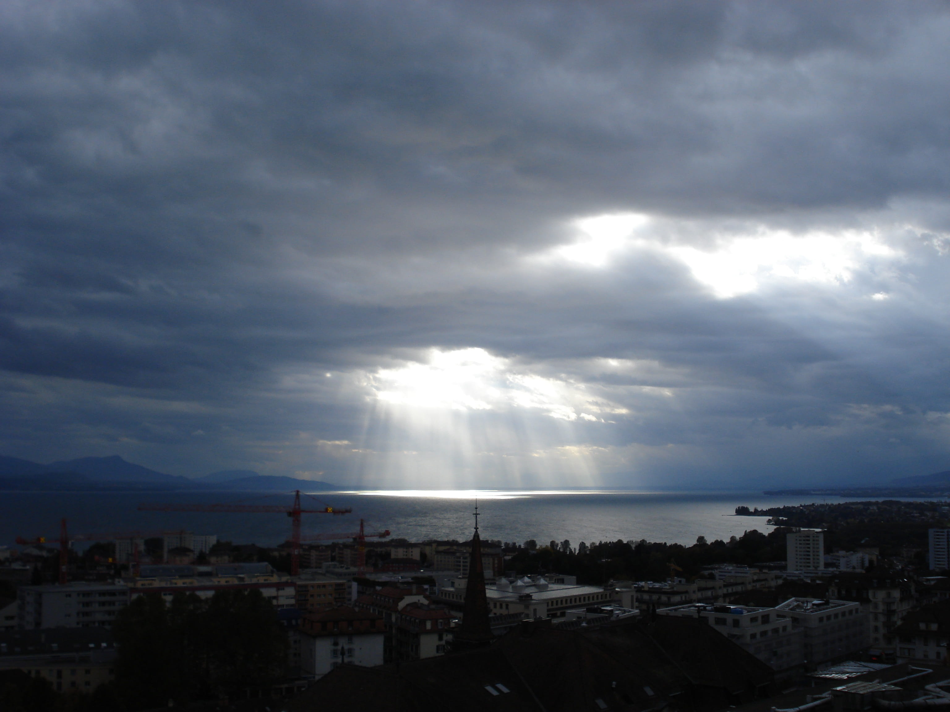 sea, building exterior, beauty in nature, sky, residential district, no people, Clouds, townscape, light, Sun, cloud - sky, outdoors, switzerland, high angle view, HD Wallpaper