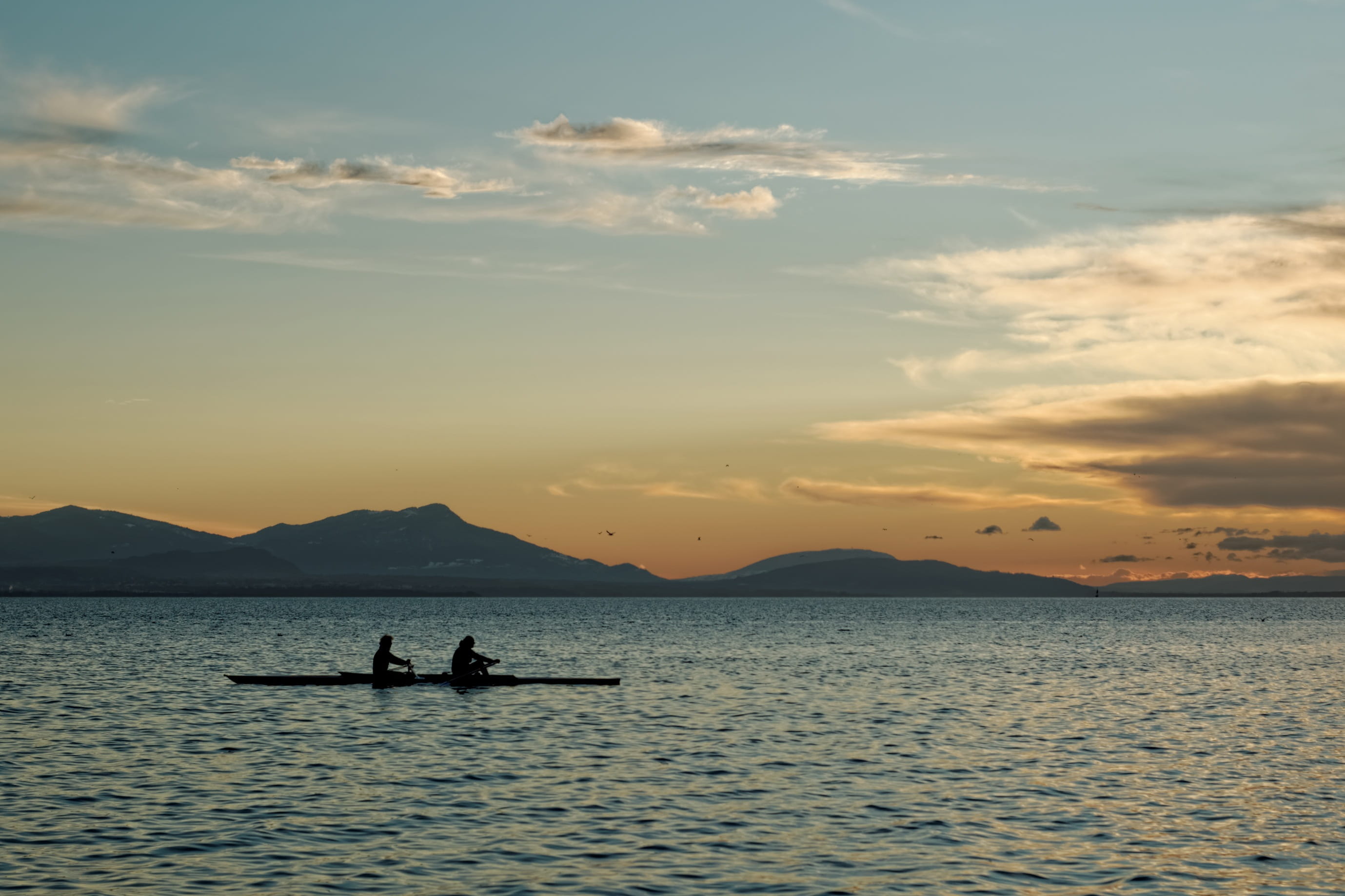 montreux, boot, tranquility, water, tranquil scene, ouchy, sunset, orange color, sky, waterfront, Helm, men, Lake, transportation, sea, silhouette, mode of transportation, HD Wallpaper