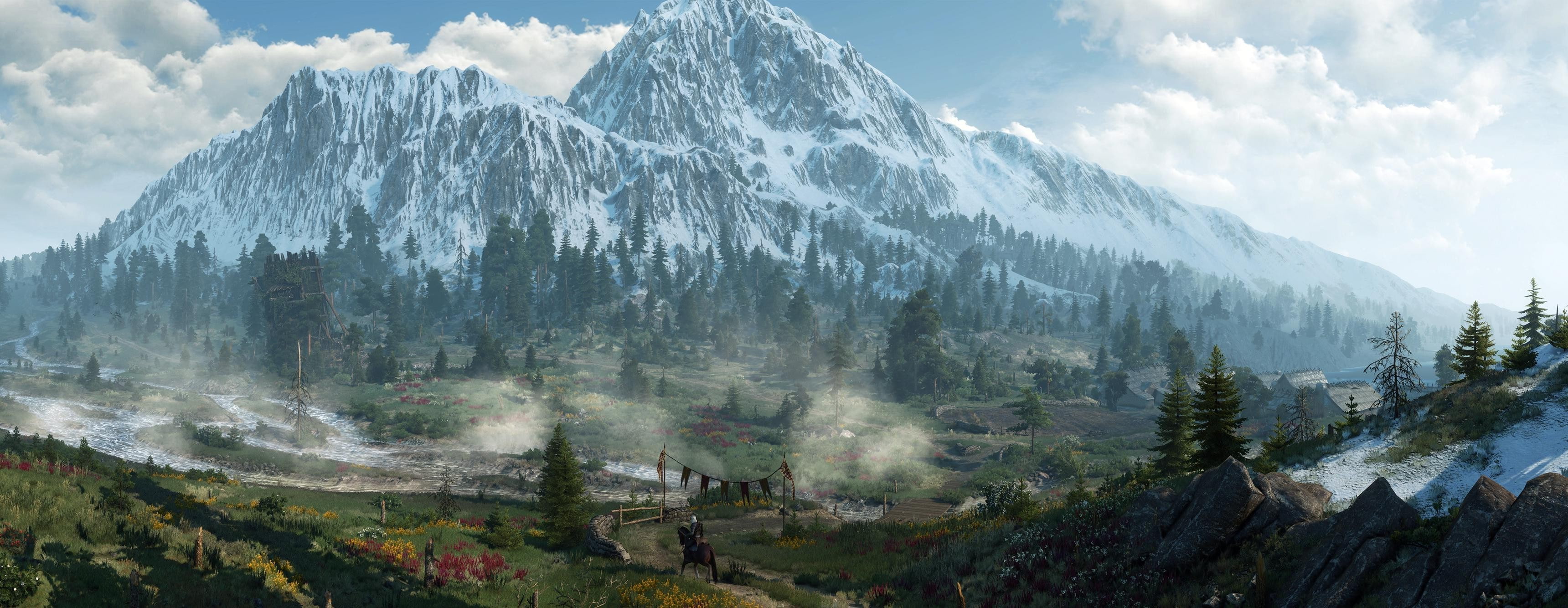 landscape, mountain peak, tranquility, scenics - nature, plant, coniferous tree, The Witcher 3: Wild Hunt, cloud - sky, photography, ultrawide, tranquil scene, HD Wallpaper