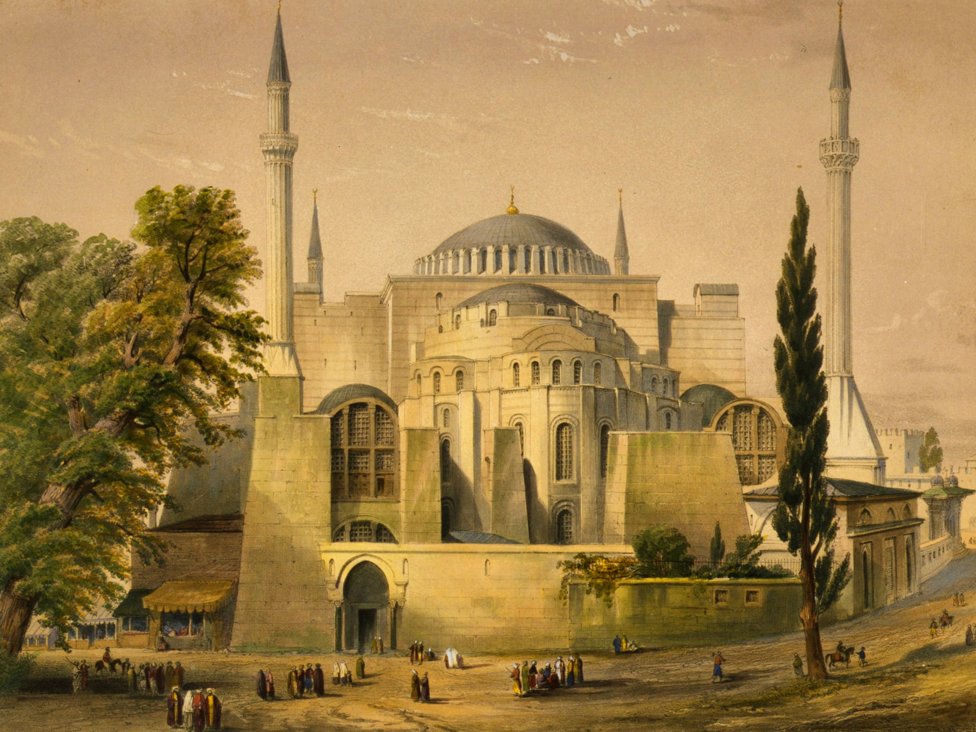 1080P, picture, Turkey, Hagia Sophia, mosque, While Agia Sophia, the minaret, the city, Istanbul, trees, HD Wallpaper