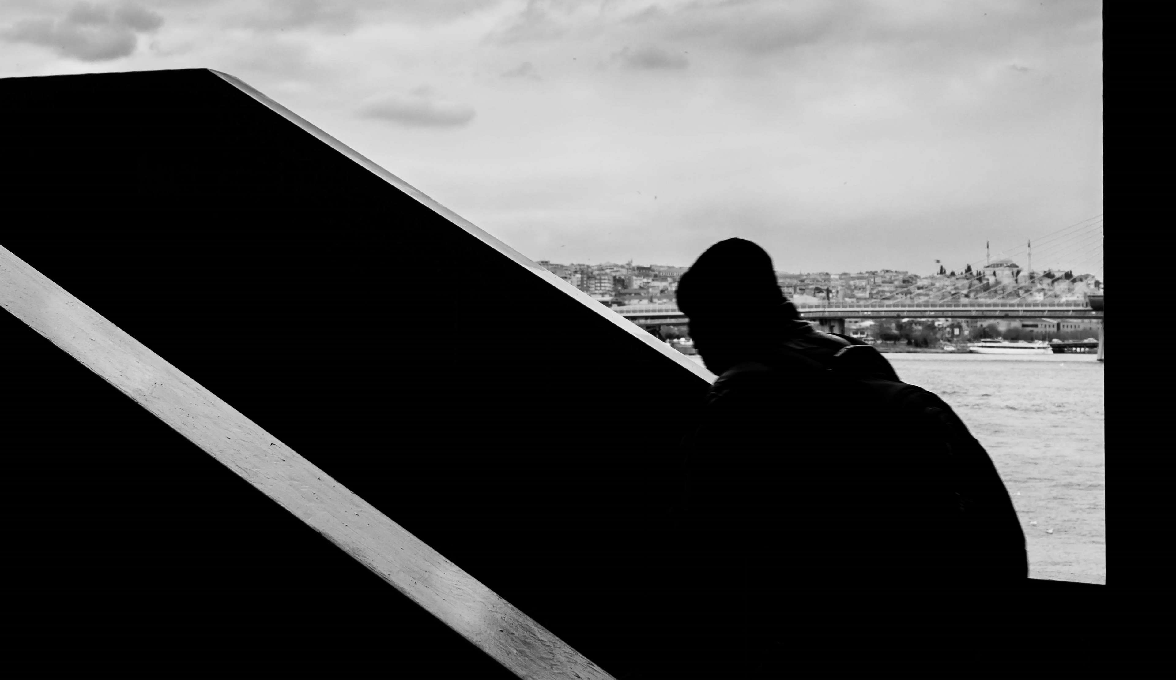 transportation, stairs, person, shadow, dark, men, downstairs, sky, sitting, real people, 4K, cityscape, mosque, leisure activity, street photo, architecture, HD Wallpaper