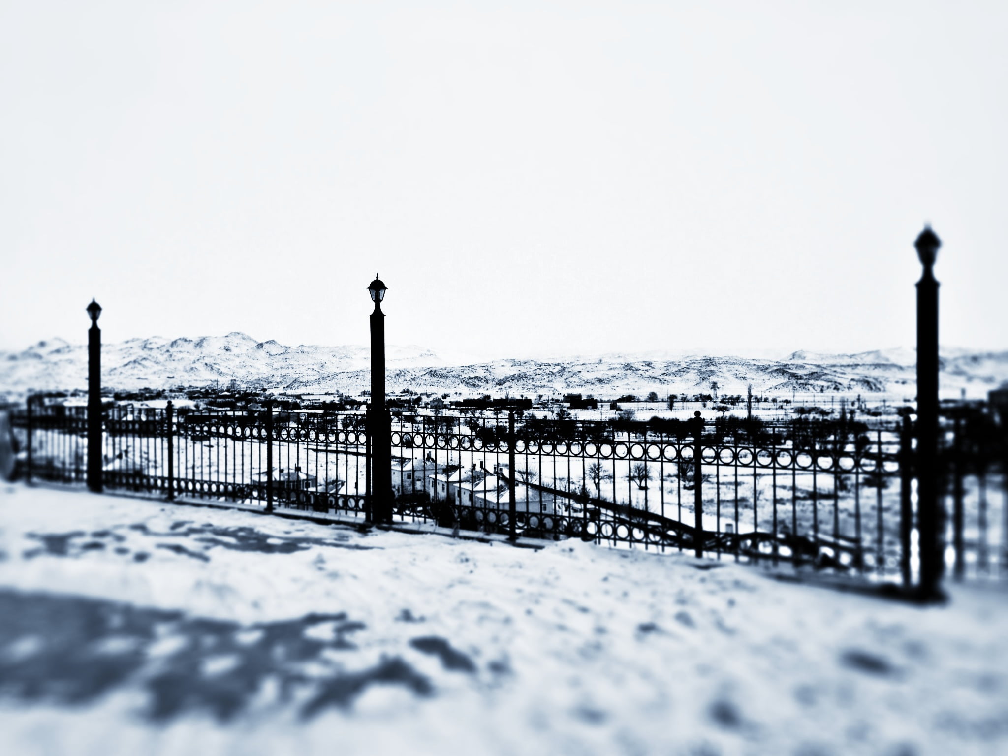 mountain, water, day, outdoors, pond, snow landscape, railing, stairs, 1080P, cloud, fence, winter, snowy road, mountains, christmas, copy space, like ice, HD Wallpaper