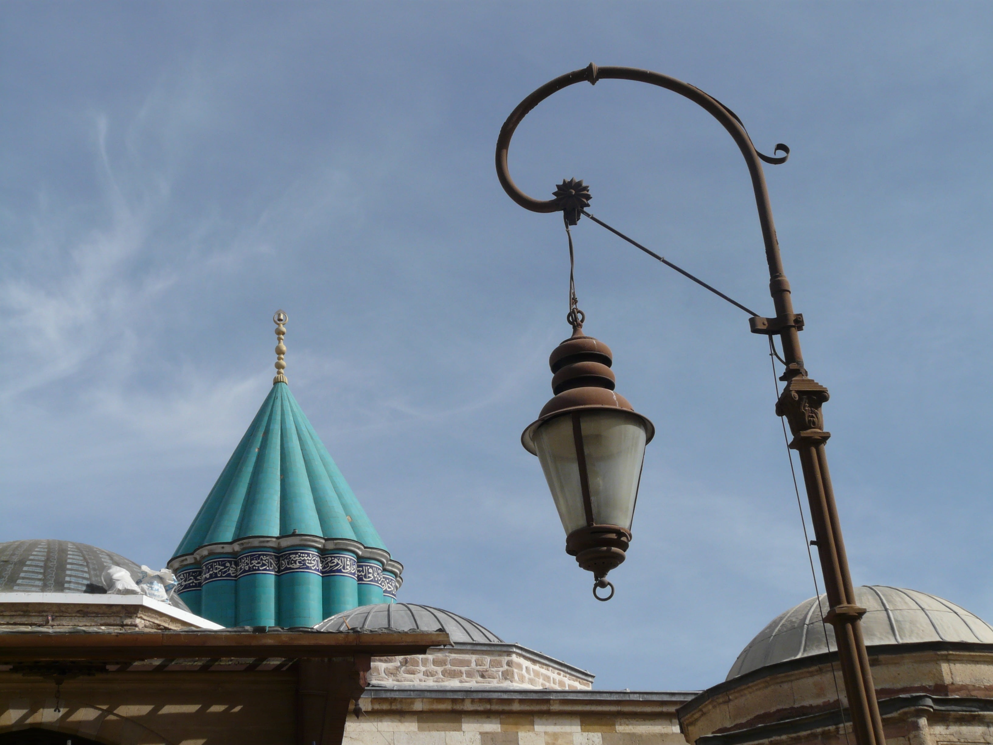 outdoors, city, architecture, electric lamp, blue, spire, museum, street light, building exterior, lighting, mevlana, place of worship, 2K, no people, HD Wallpaper