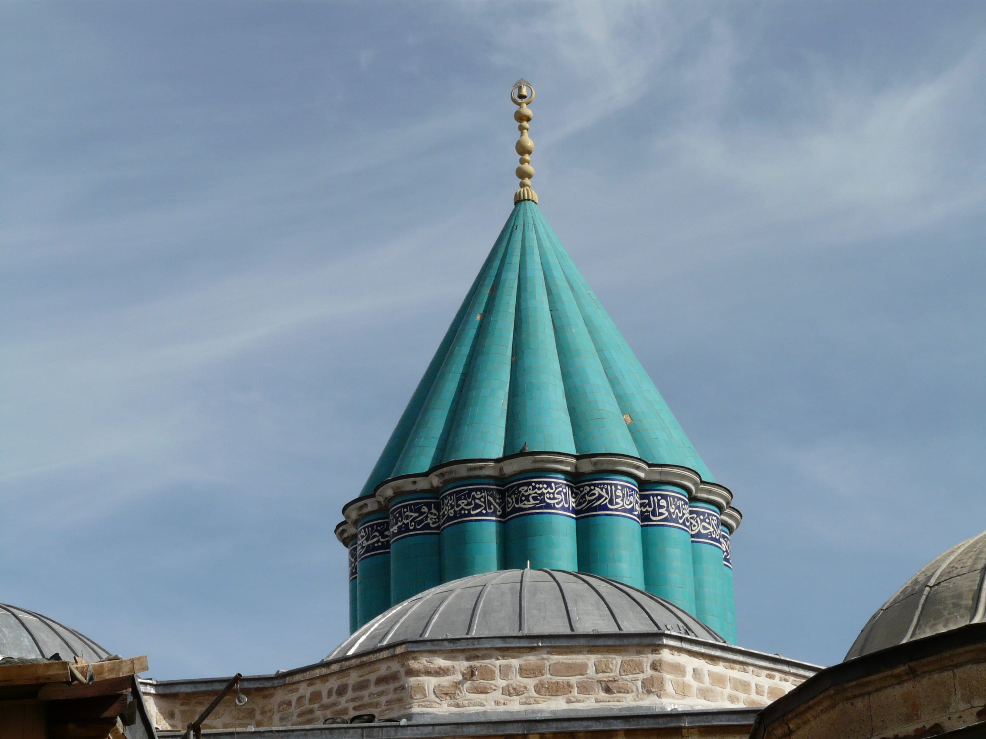mosque, religion, building exterior, 2K, sky, low angle view, outdoors, cloud - sky, jalal ad din rumi, spire, mevlana, day, nature, blue, building, spirituality, HD Wallpaper