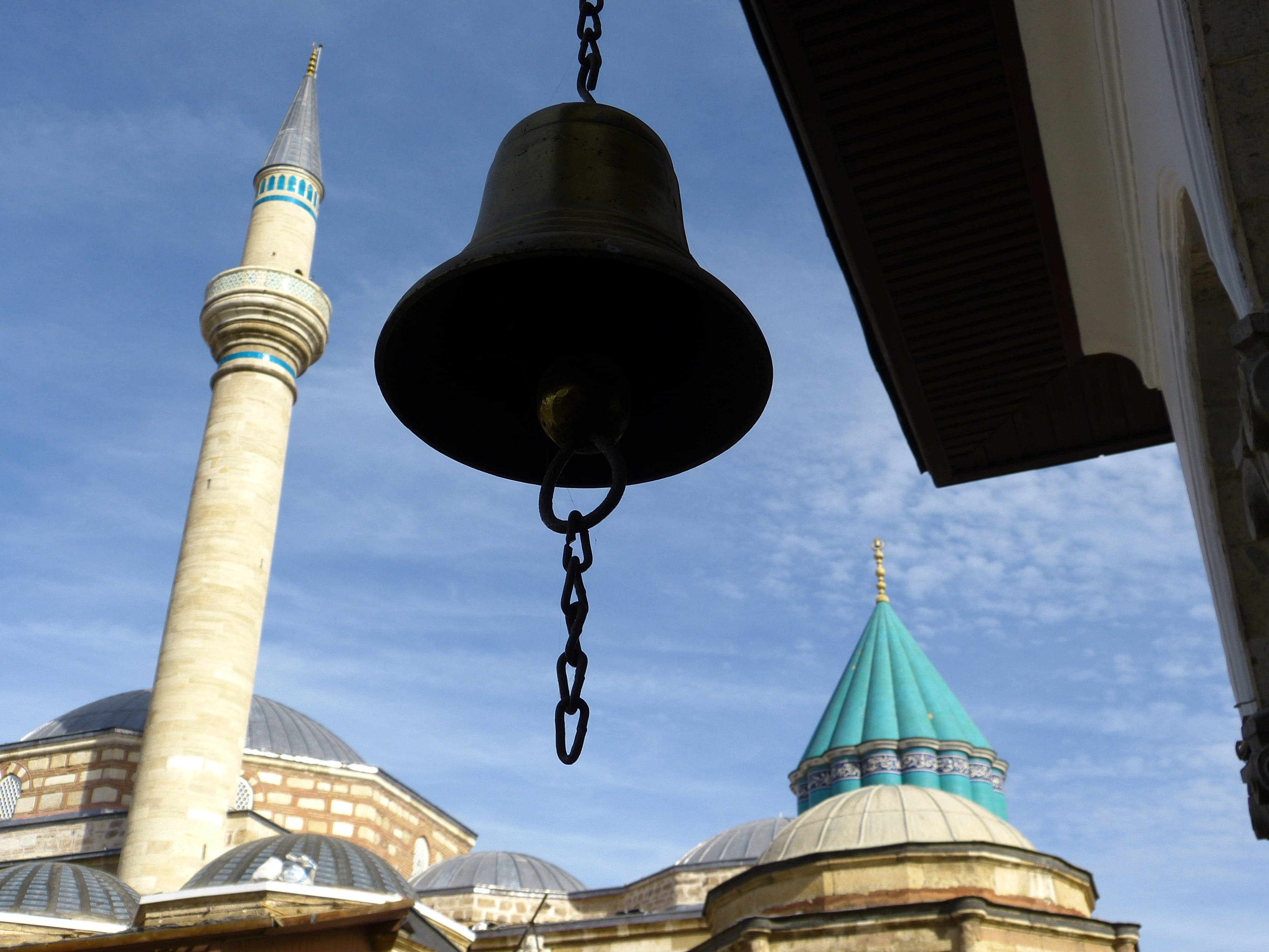 low angle view, built structure, dome, Mevlana, hanging, architecture, Turkey, city, religion, place of worship, spire, 4K, spirituality, sky, building exterior, HD Wallpaper