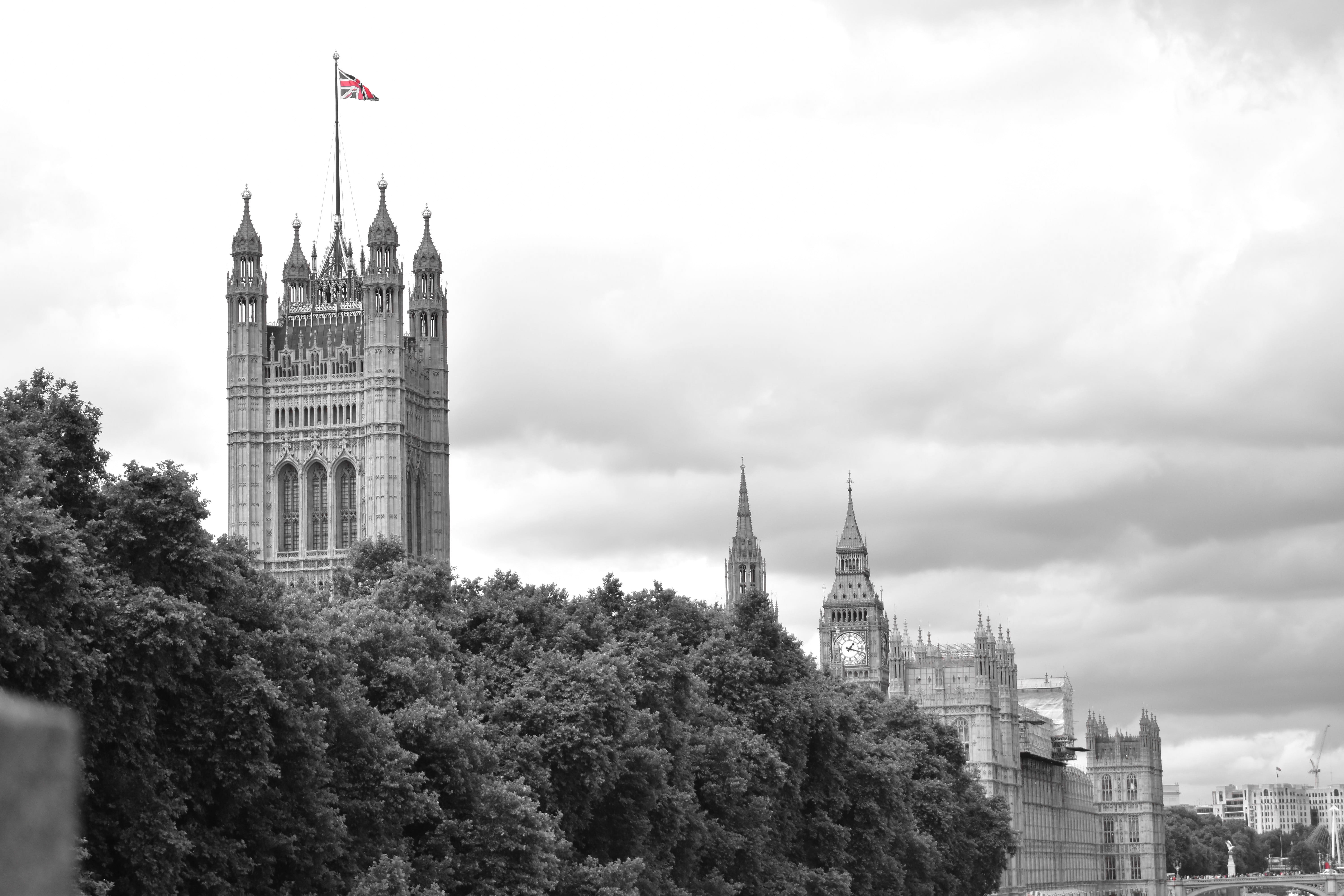 london, flag, united kingdom, city, bigben, sky, built structure, england, buildings, cloud - sky, trees, tourism, no people, tower, plant, day, building exterior, HD Wallpaper