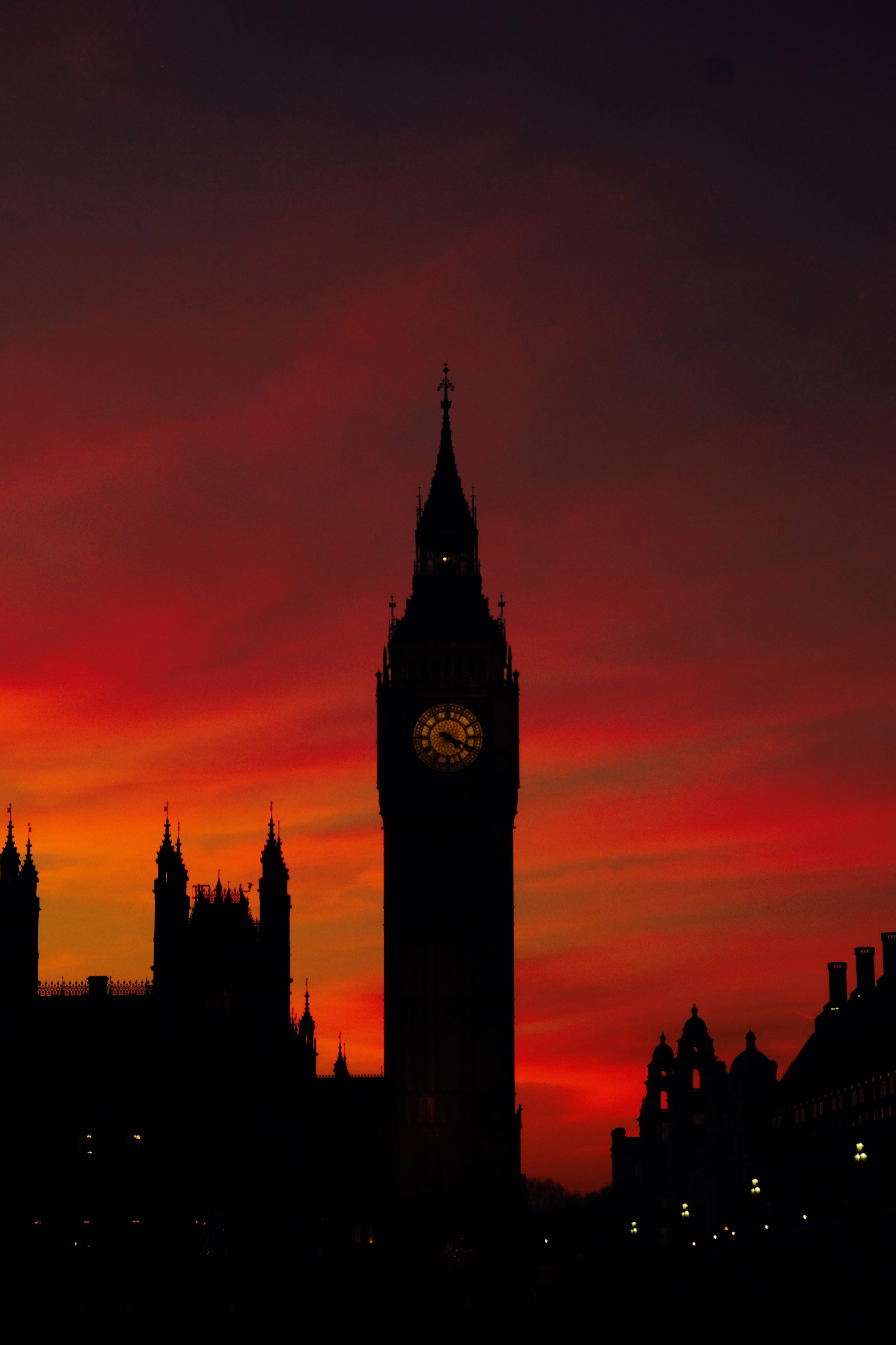 sky, clock tower, city, travel destinations, history, tourism, silhouette, parliament, clock face, clock, bigben, urban, no people, glow, travel, tall - high, Phone HD Wallpaper