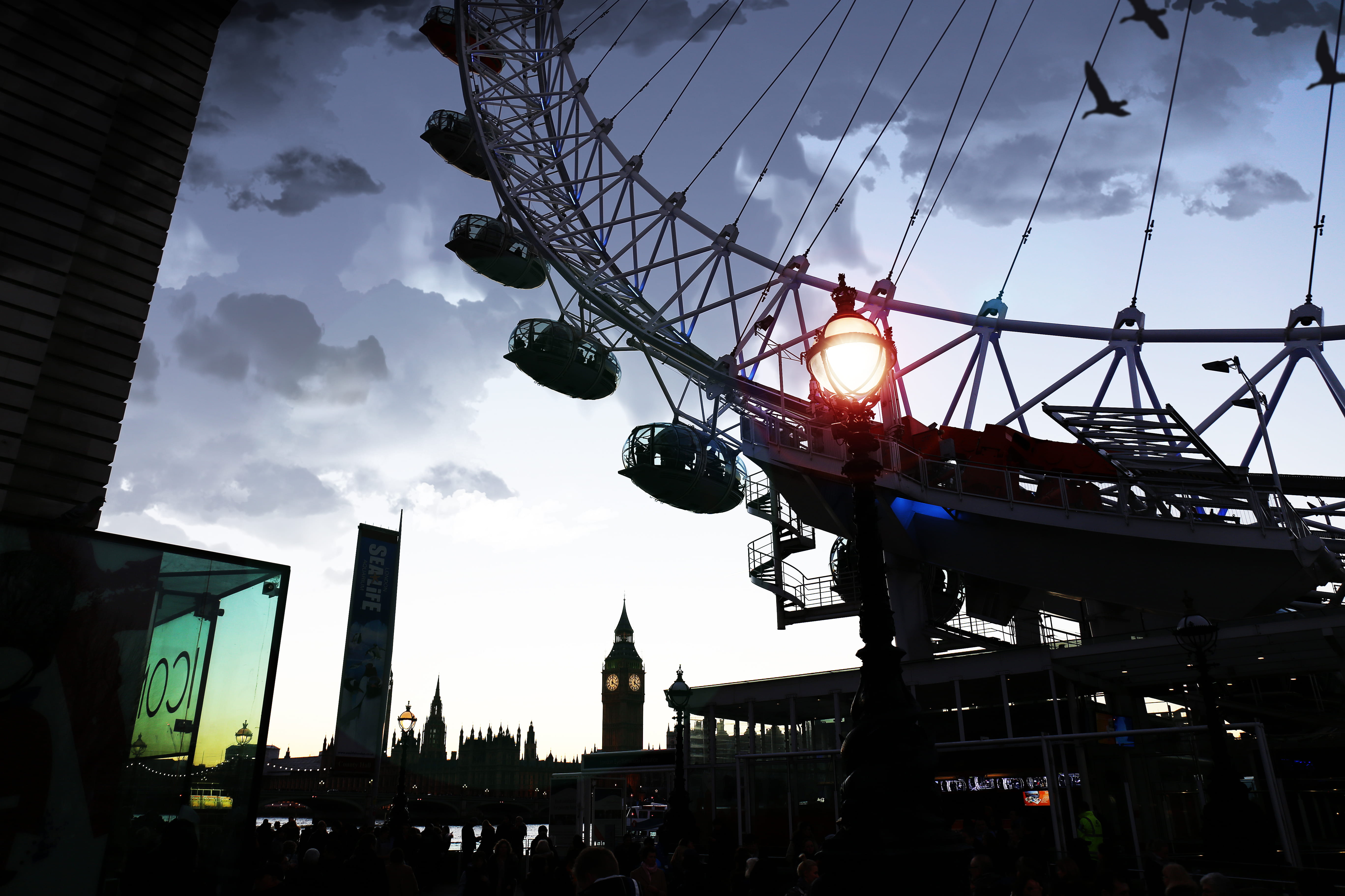 night, classic, united kingdom, outdoors, glass, bigben, clouds, ferris wheel, travel, cloud - sky, travel destinations, low angle view, city, amusement park ride, HD Wallpaper