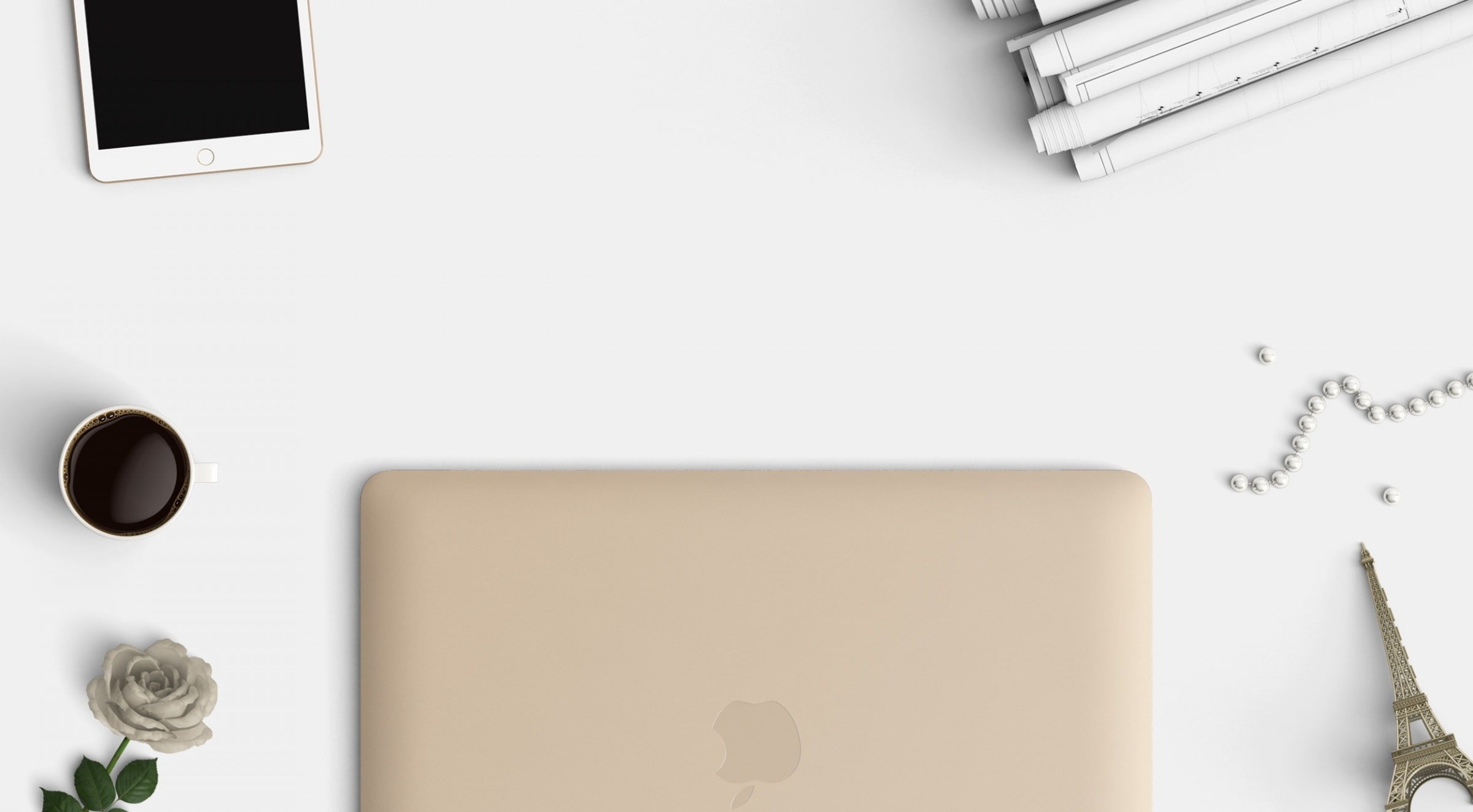 1080P, Table, tablet, Office, Computers, indoors, still life, communication, plans, Coffee, Laptop, Technology, White, Desk, Rose, Apple, blank, connection, HD Wallpaper