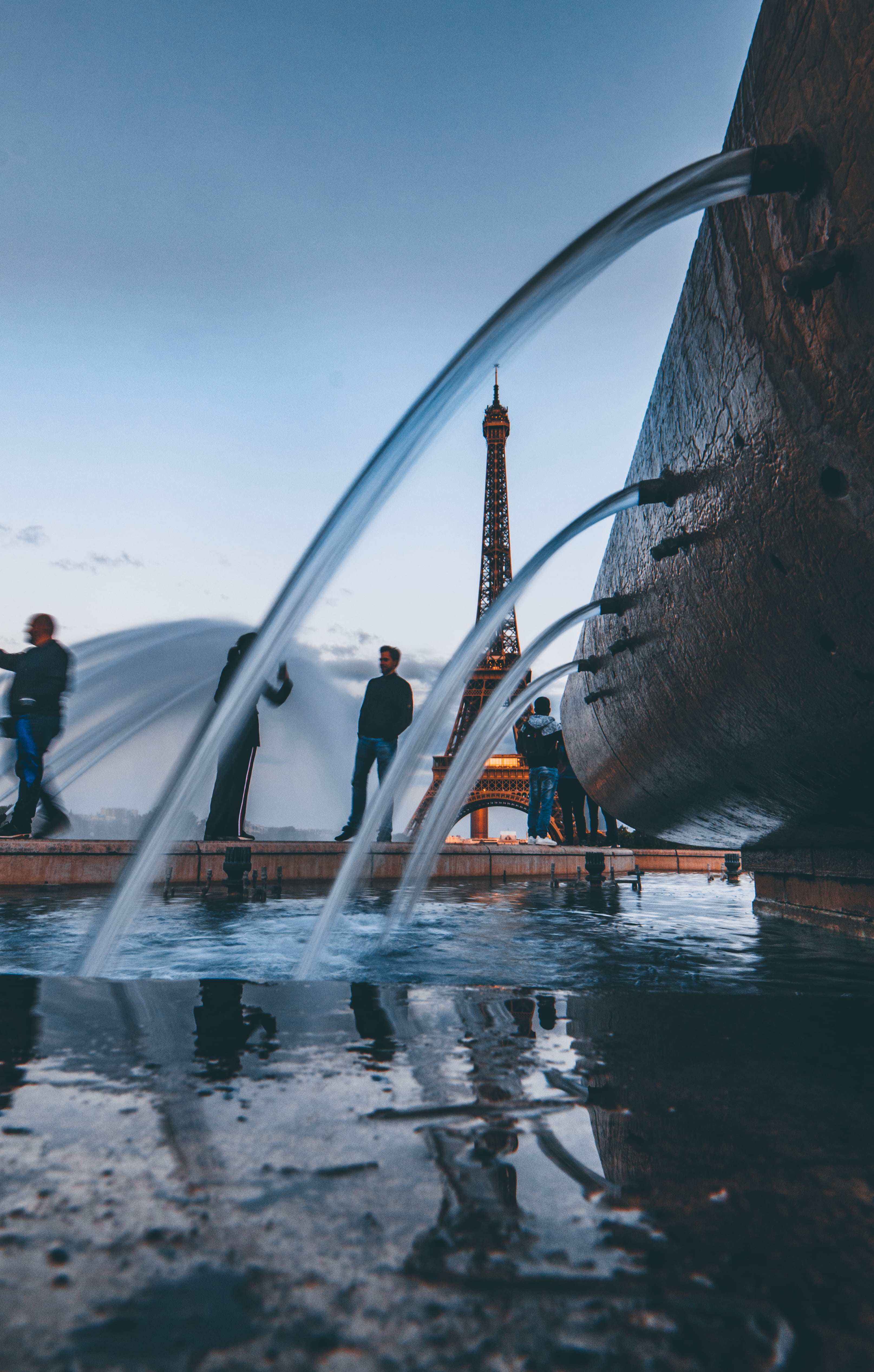 transportation, eiffeltower, tower, blue, clear sky, day, reflection, men, water, eiffel tower, nautical vessel, europe, leisure activity, pool, people, Phone HD Wallpaper