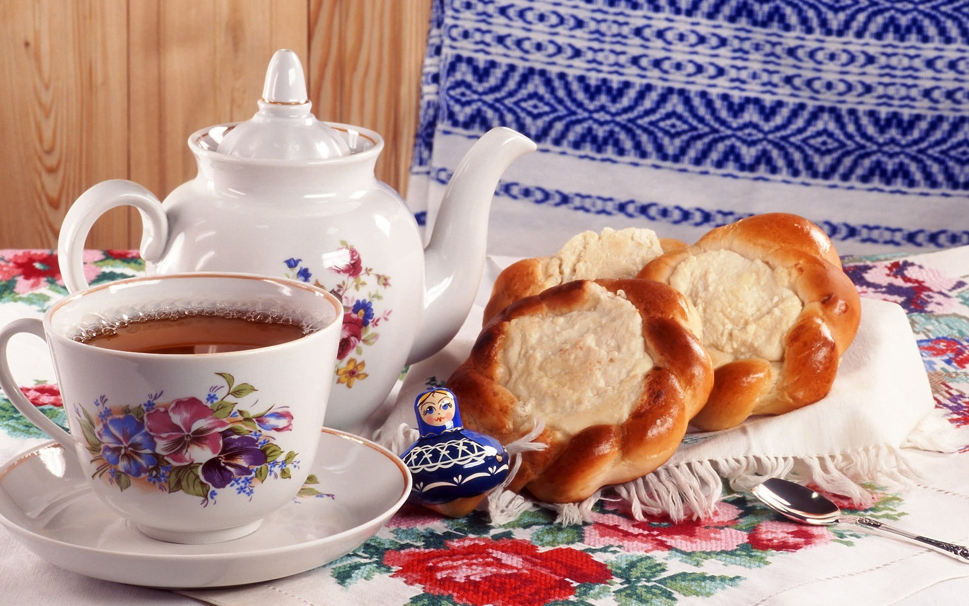 napkin, mug, teapot, tea, cheesecake, tumbler, photo, spoon, with cottage cheese, 1080P, HD Wallpaper