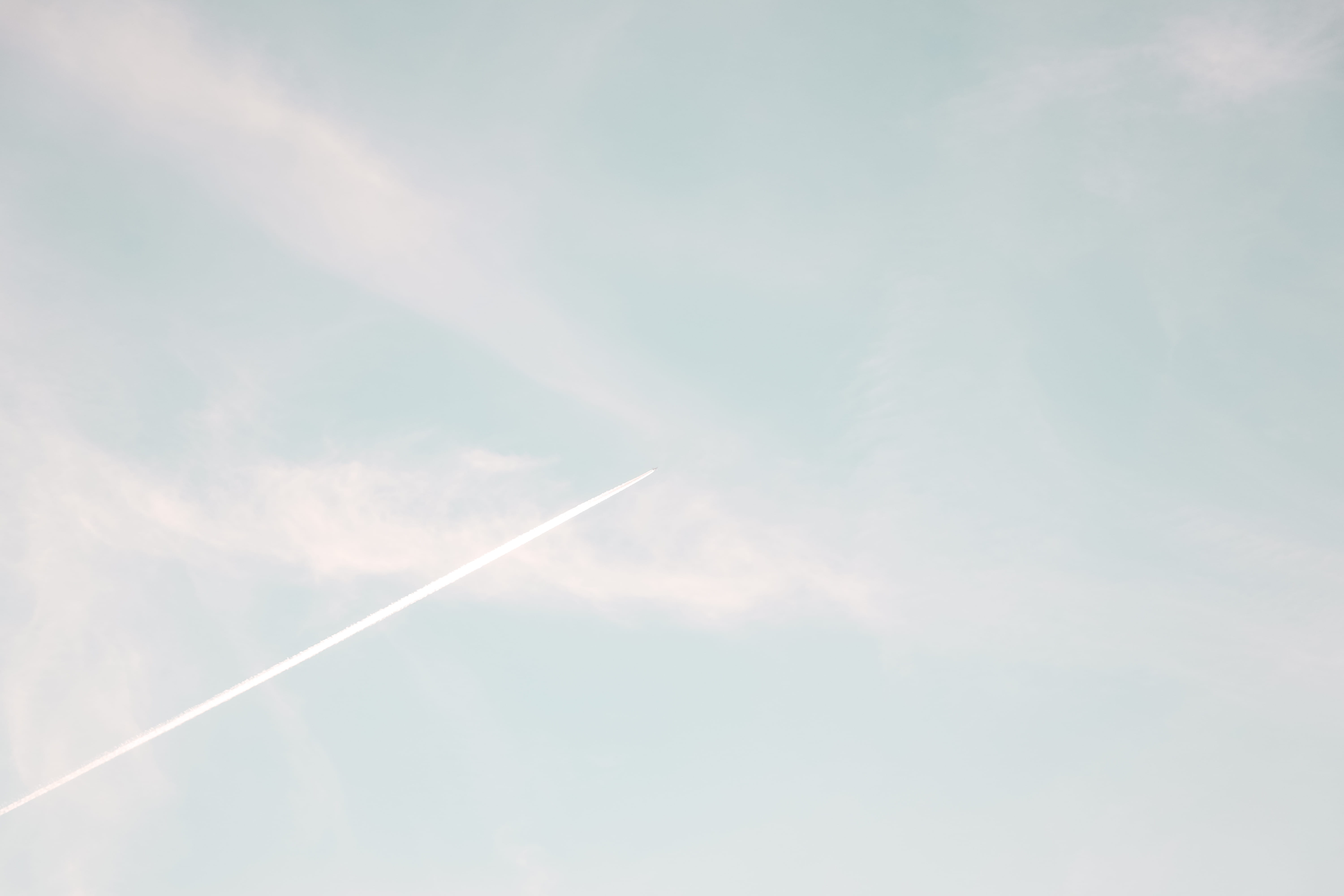 tranquil scene, jet, backgrounds, airplane, 5K, no people, plane, tranquility, heaven, airstream, outdoors, sky, meteorology, transportation, blue, low angle view, HD Wallpaper